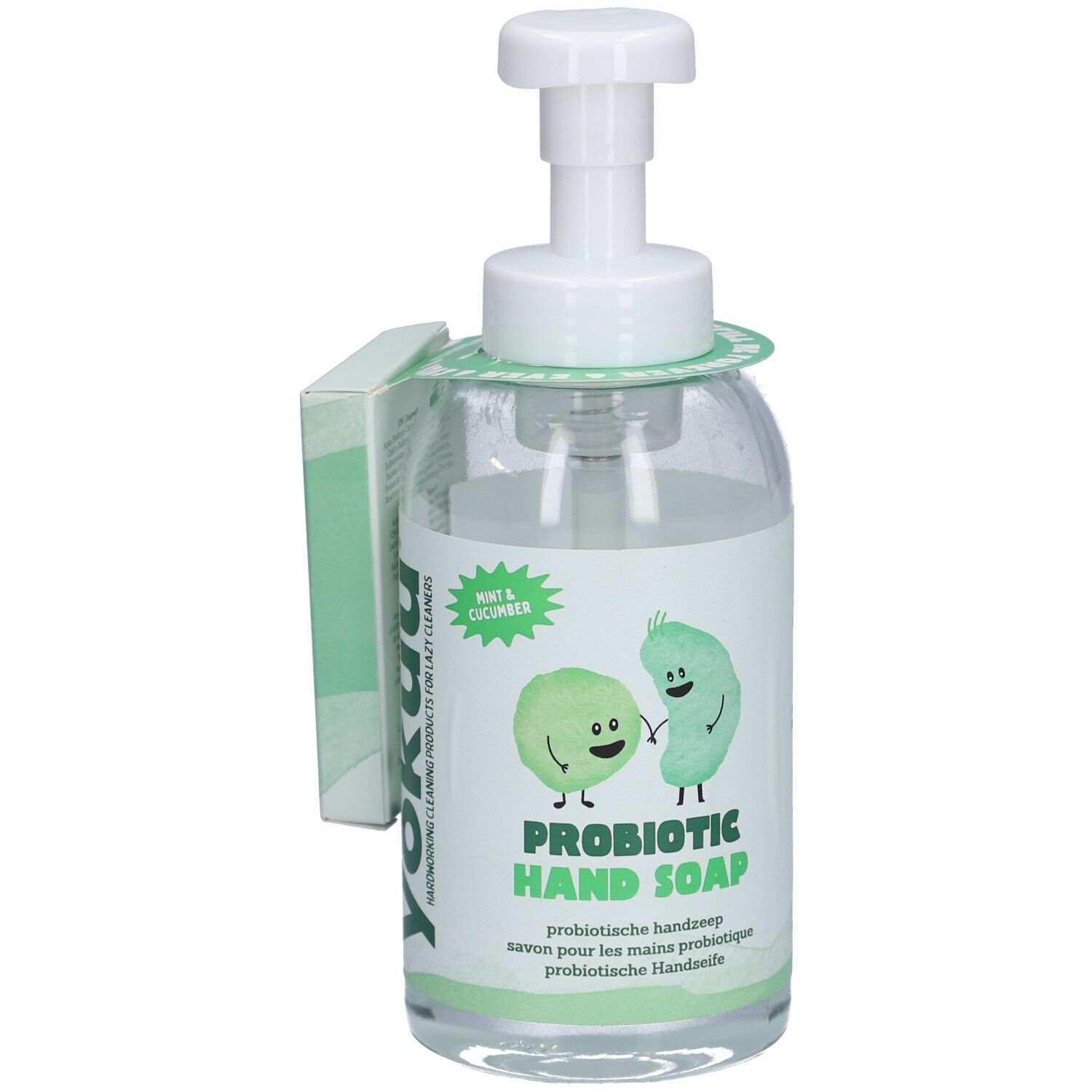 Transparante fles met witte pomp en etiket. Opschrift: PROBIOTIC HAND SOAP. Label met komkommer en munt.