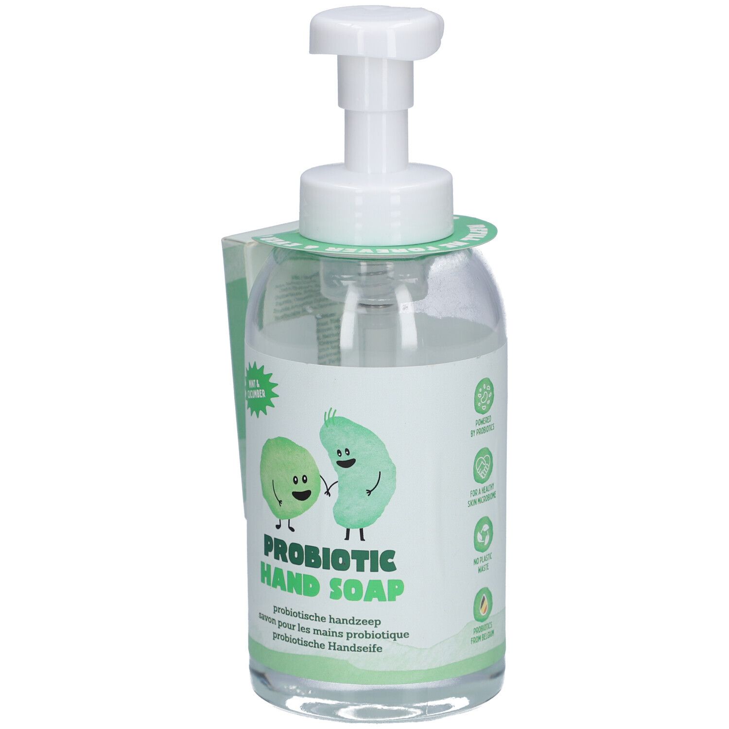 Transparante fles met witte pomp en etiket. Opschrift: PROBIOTIC HAND SOAP. Label met logo.