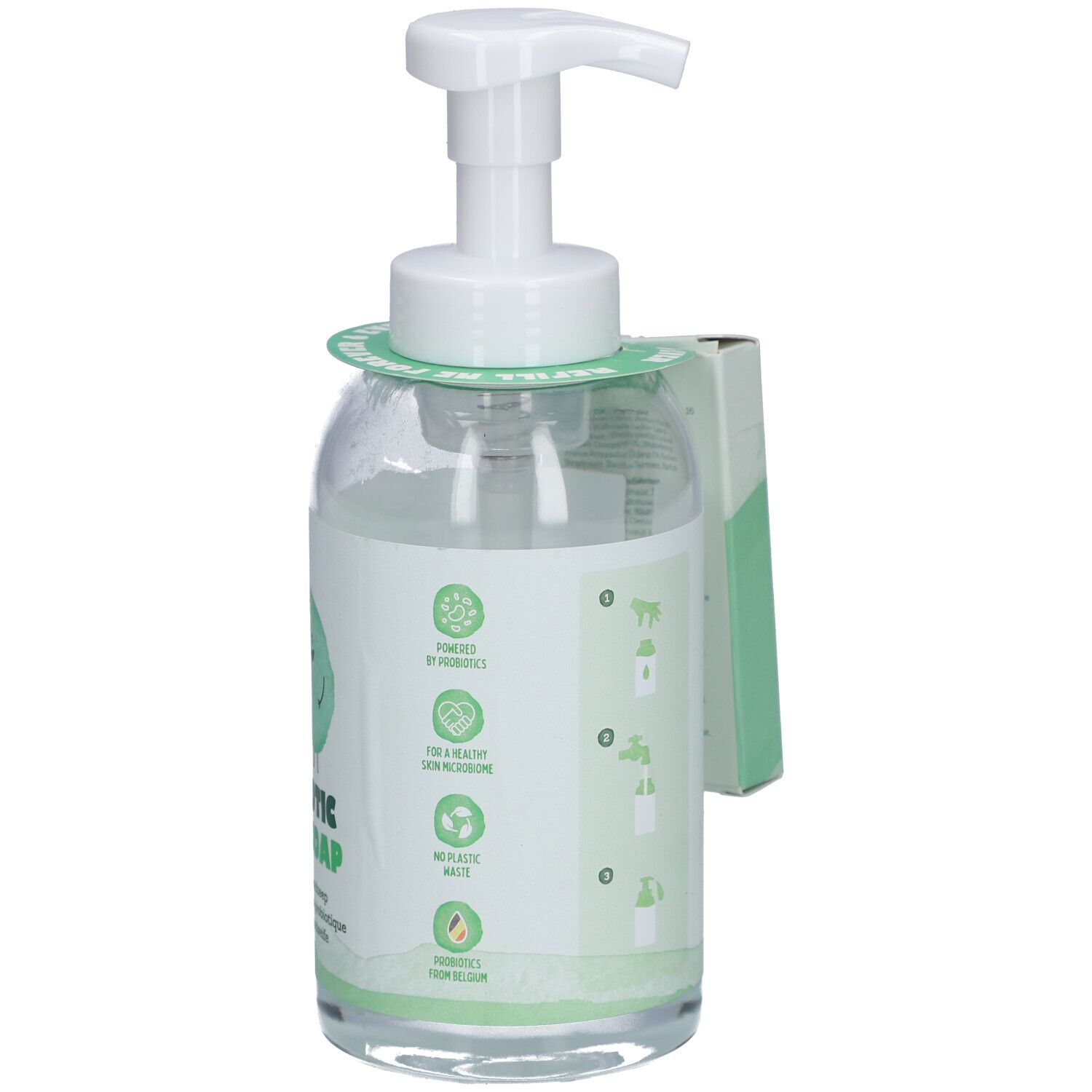 Transparante fles met witte pomp. Opschrift: PROBIOTIC HAND SOAP. Label met iconen en logo.
