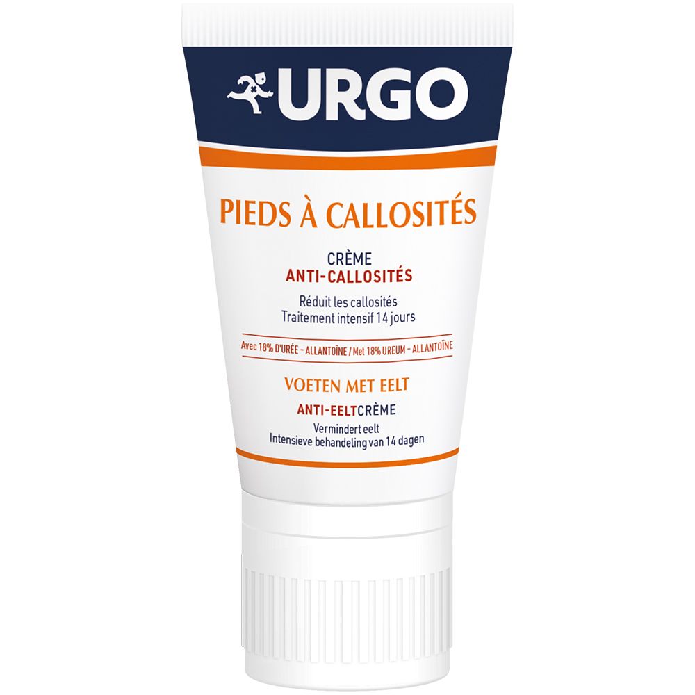 Creme-Tube mit Urgo-Logo und Aufschrift 'Pieds à Callosités'. Orangefarbener Streifen mit Produktbezeichnung. Weiße Tube mit blauer Kappe.