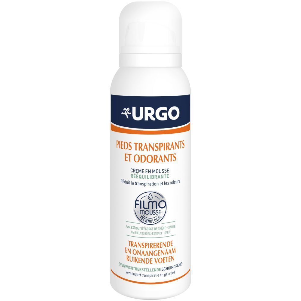Weiße Sprühflasche mit Produktnamen und Logo. Text: Pieds Transpirants et Odorants. Orangefarbene Akzente.
