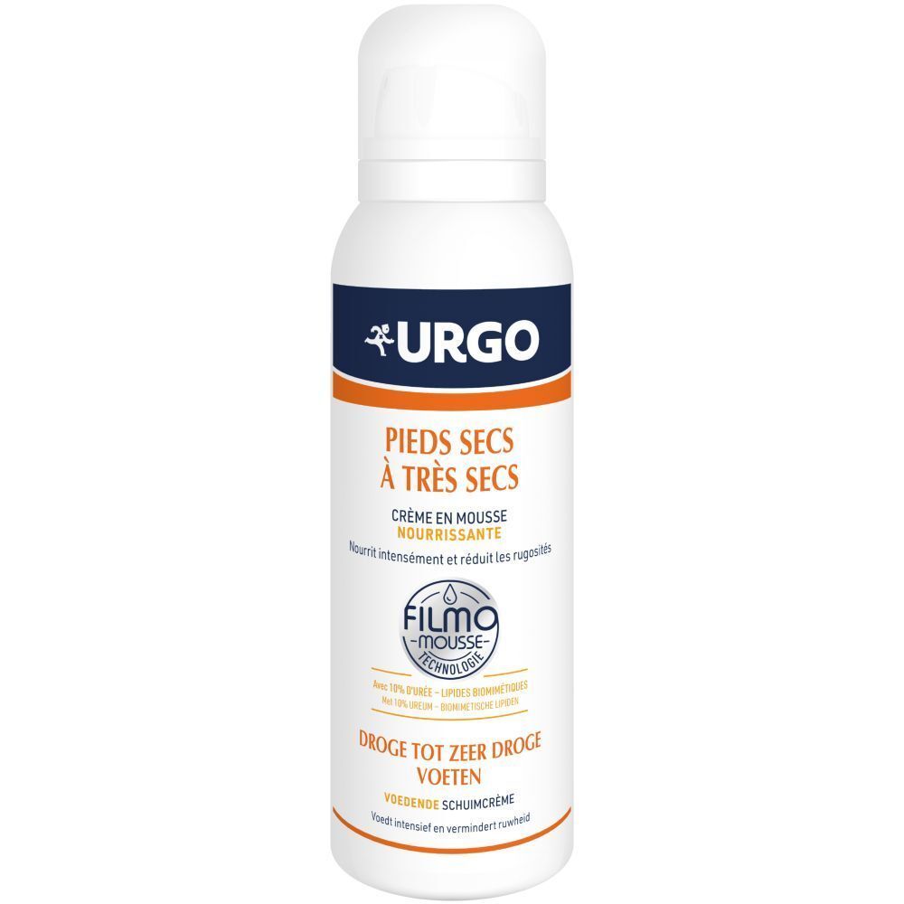 Weiße Sprühflasche mit orangefarbenem Streifen. Text: URGO, Pieds secs à très secs, Crème en mousse nourrissante, Filmomousse Technologie.