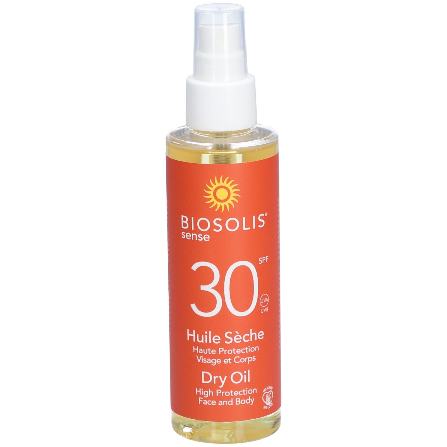Flacon spray d'huile solaire. Étiquette orange avec nom du produit, SPF 30 et logo soleil. Liquide transparent.