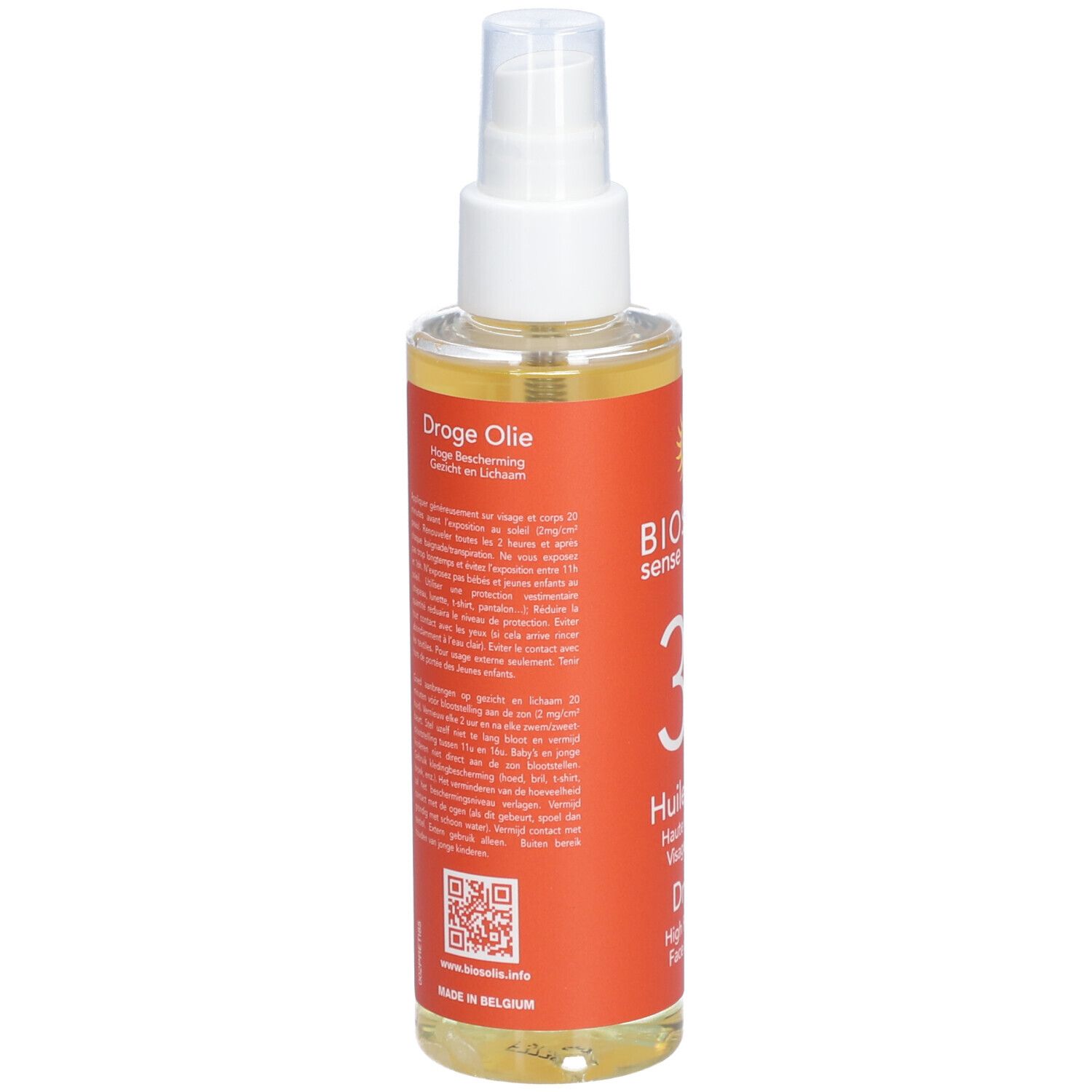 Flacon spray d'huile solaire. Vue arrière avec texte multilingue. Étiquette orange. Liquide transparent.