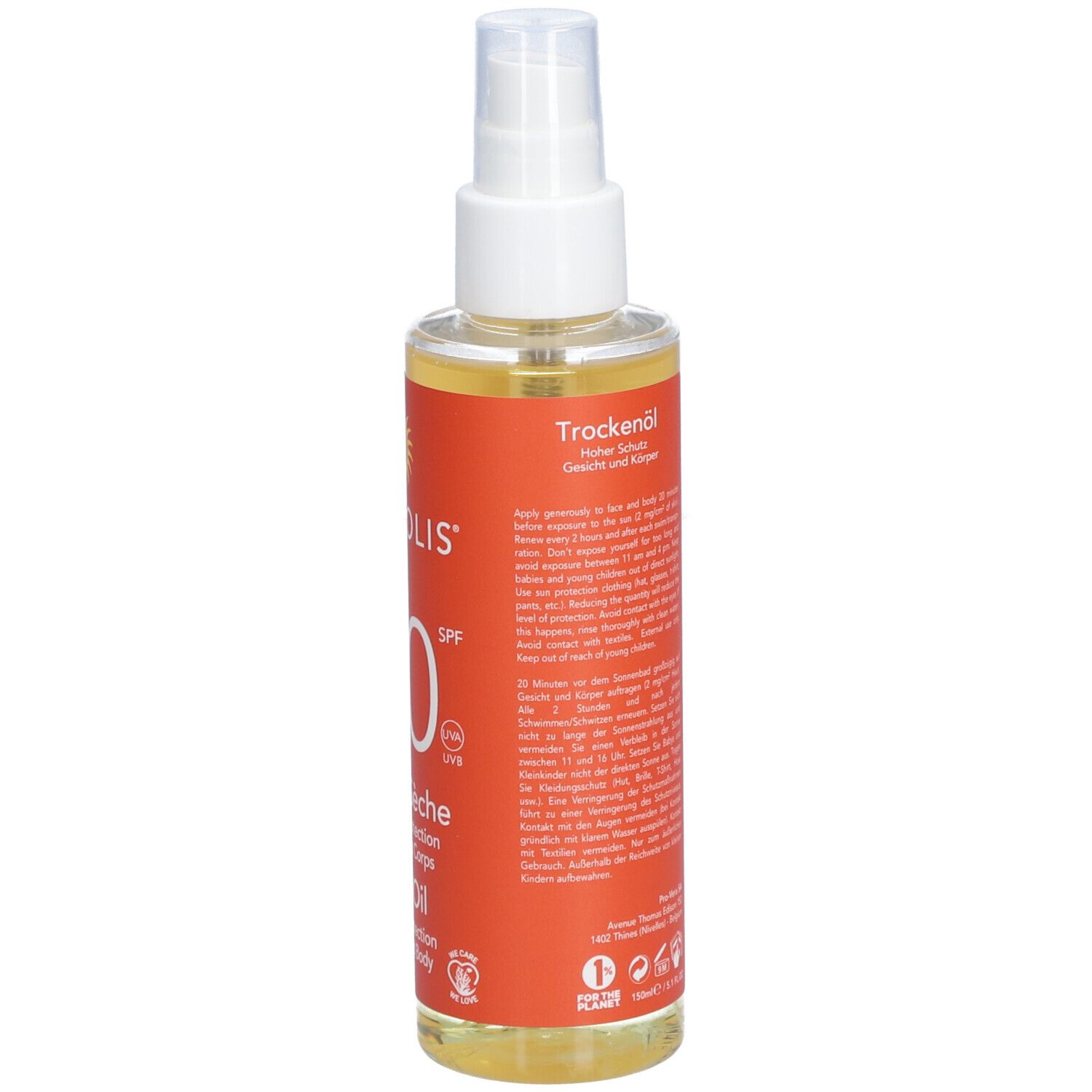 Flacon spray d'huile solaire. Vue arrière avec texte multilingue. Étiquette orange. Liquide transparent.