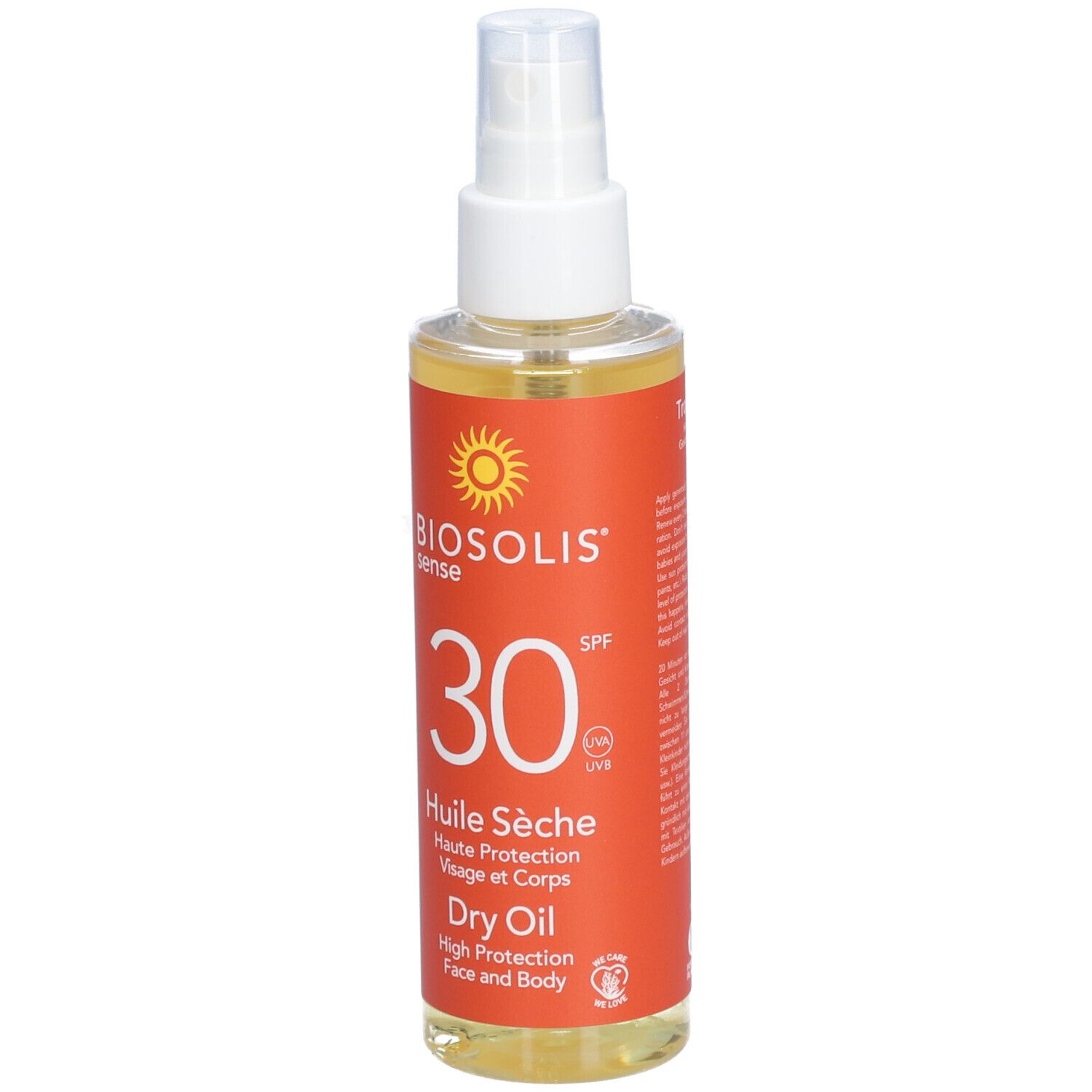 Flacon spray d'huile solaire. Étiquette orange avec nom du produit, SPF 30 et logo soleil. Liquide transparent.