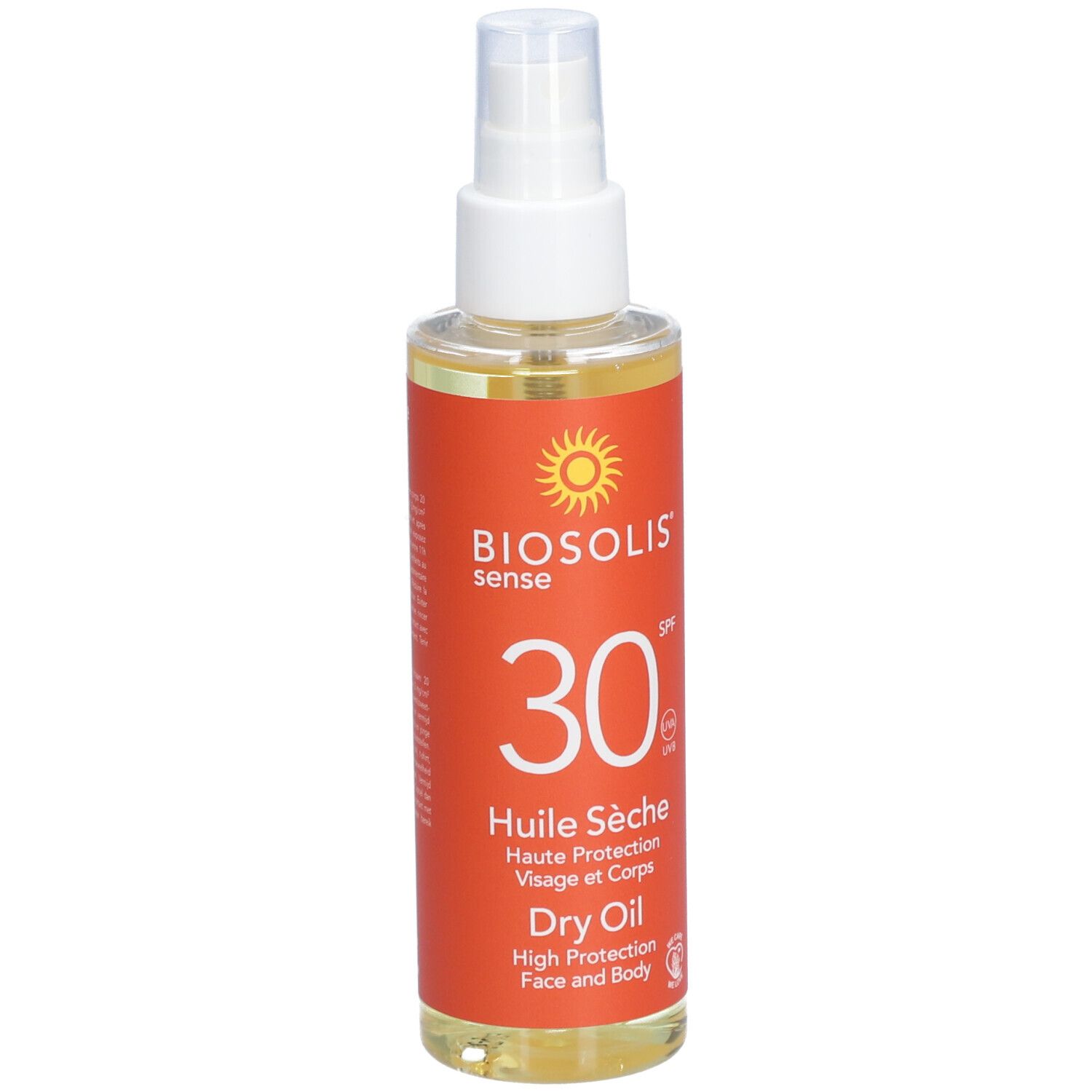 Flacon spray d'huile solaire. Étiquette orange avec nom du produit, SPF 30 et logo soleil. Liquide transparent.
