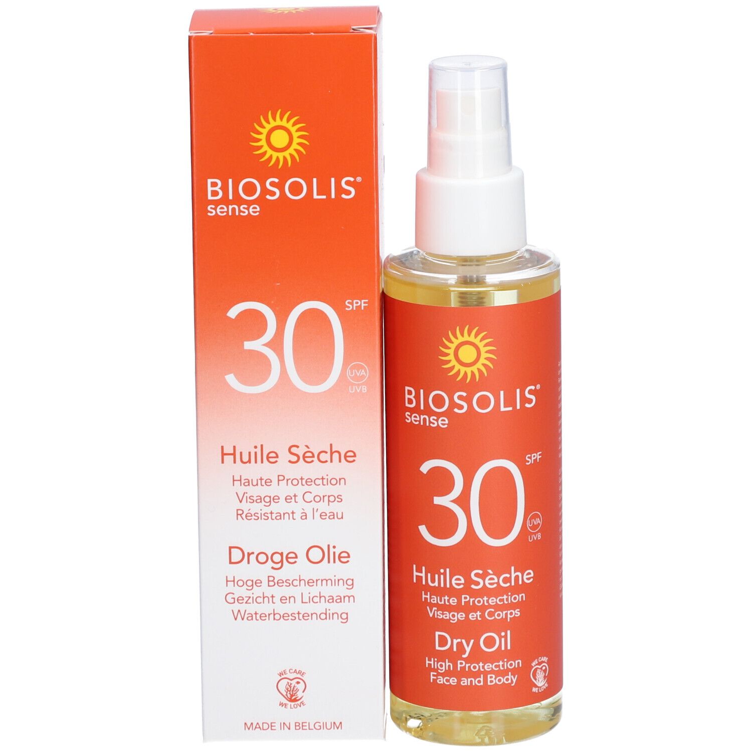 Flacon spray d'huile solaire et carton. Emballage orange avec nom du produit, SPF 30 et logo soleil. Liquide transparent.