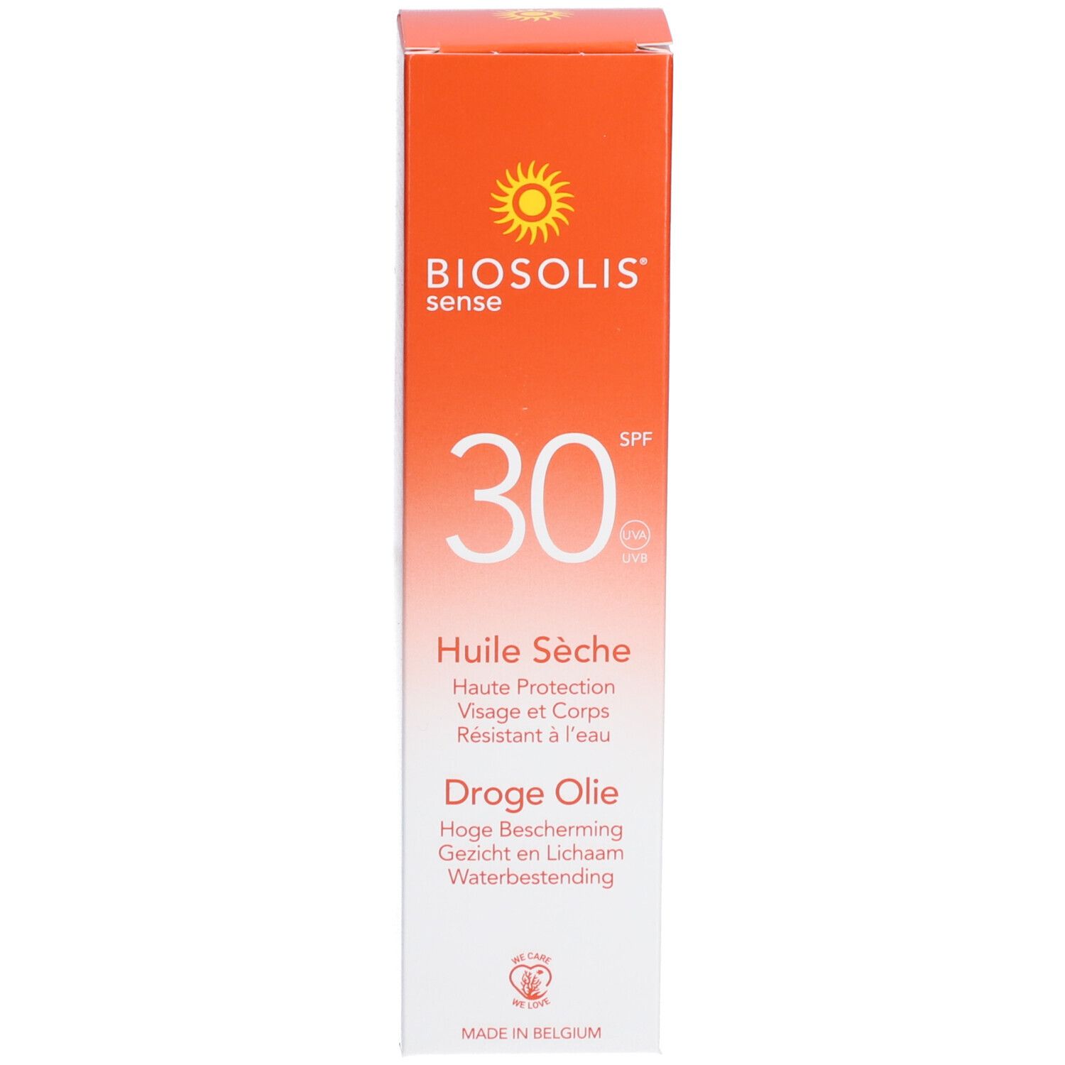 Emballage carton d'huile solaire. Orange avec nom du produit, SPF 30 et logo soleil. Texte multilingue.