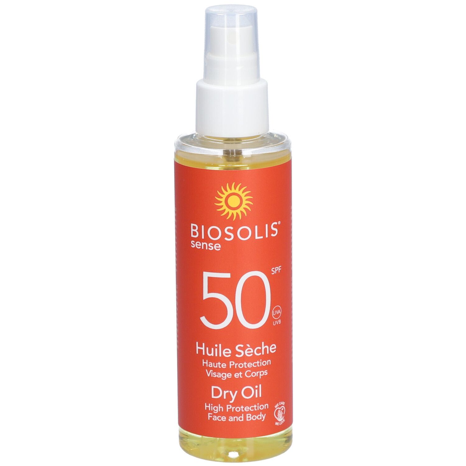 Flacon de spray solaire avec tête blanche. Inscription: Biosolis Sense, 50 SPF, Huile Sèche, Dry Oil.