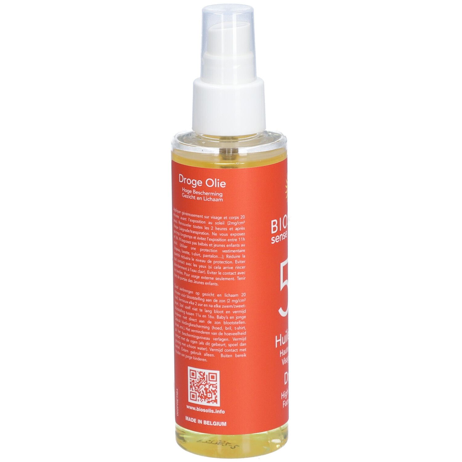 Dos du flacon de spray solaire. Texte en plusieurs langues. Code QR et logo.