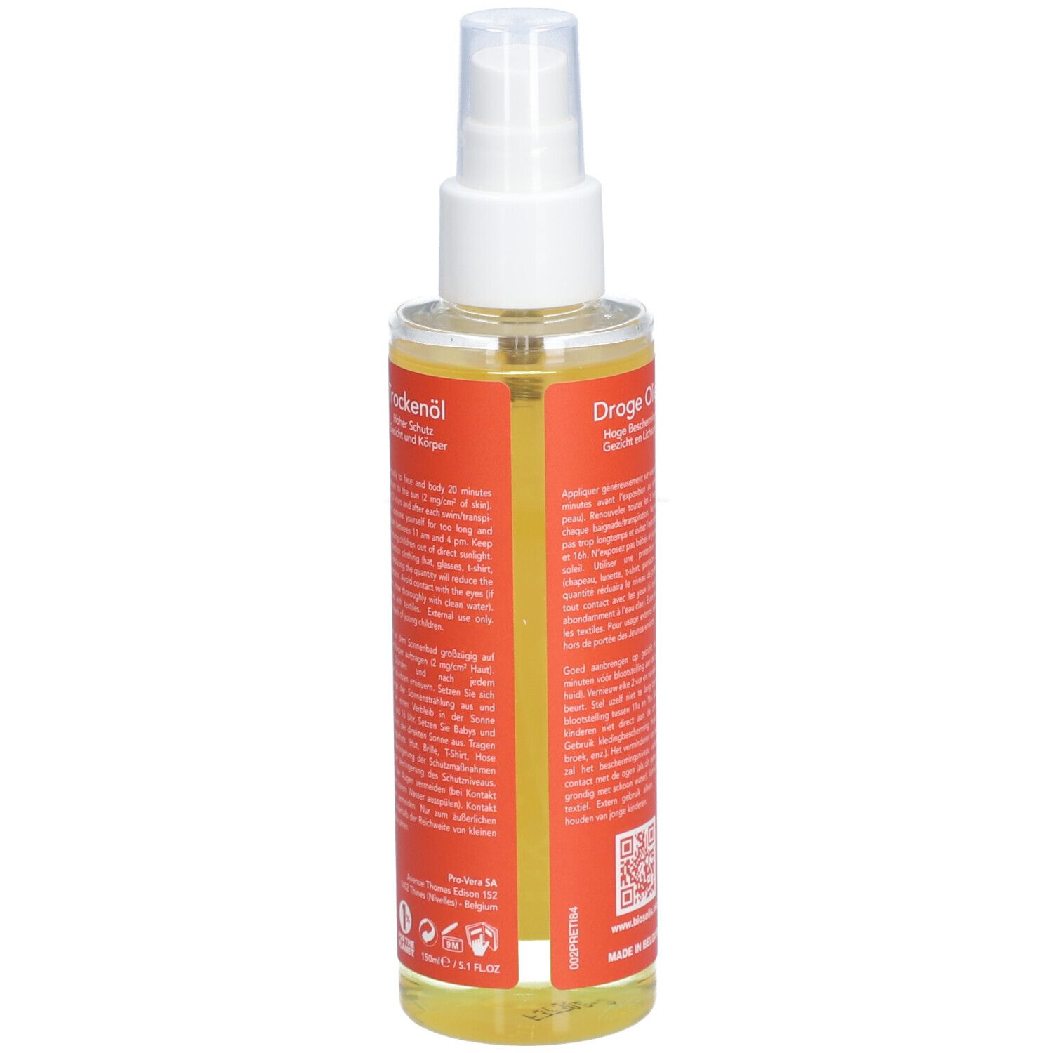 Dos du flacon de spray solaire. Texte en plusieurs langues. Code QR et logo.