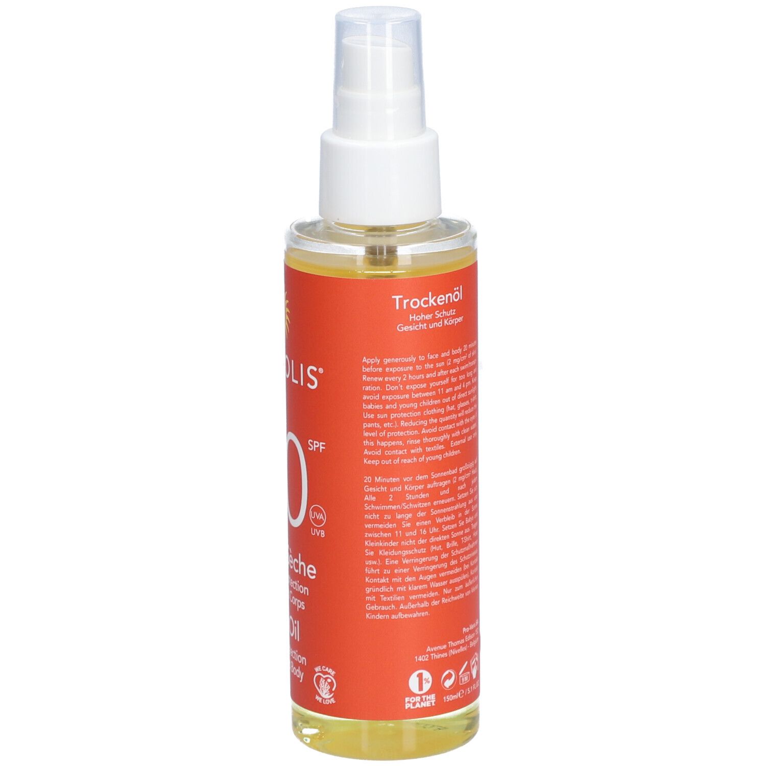 Flacon de spray solaire avec tête blanche. Inscription: Biosolis Sense, 50 SPF, Huile Sèche, Dry Oil.