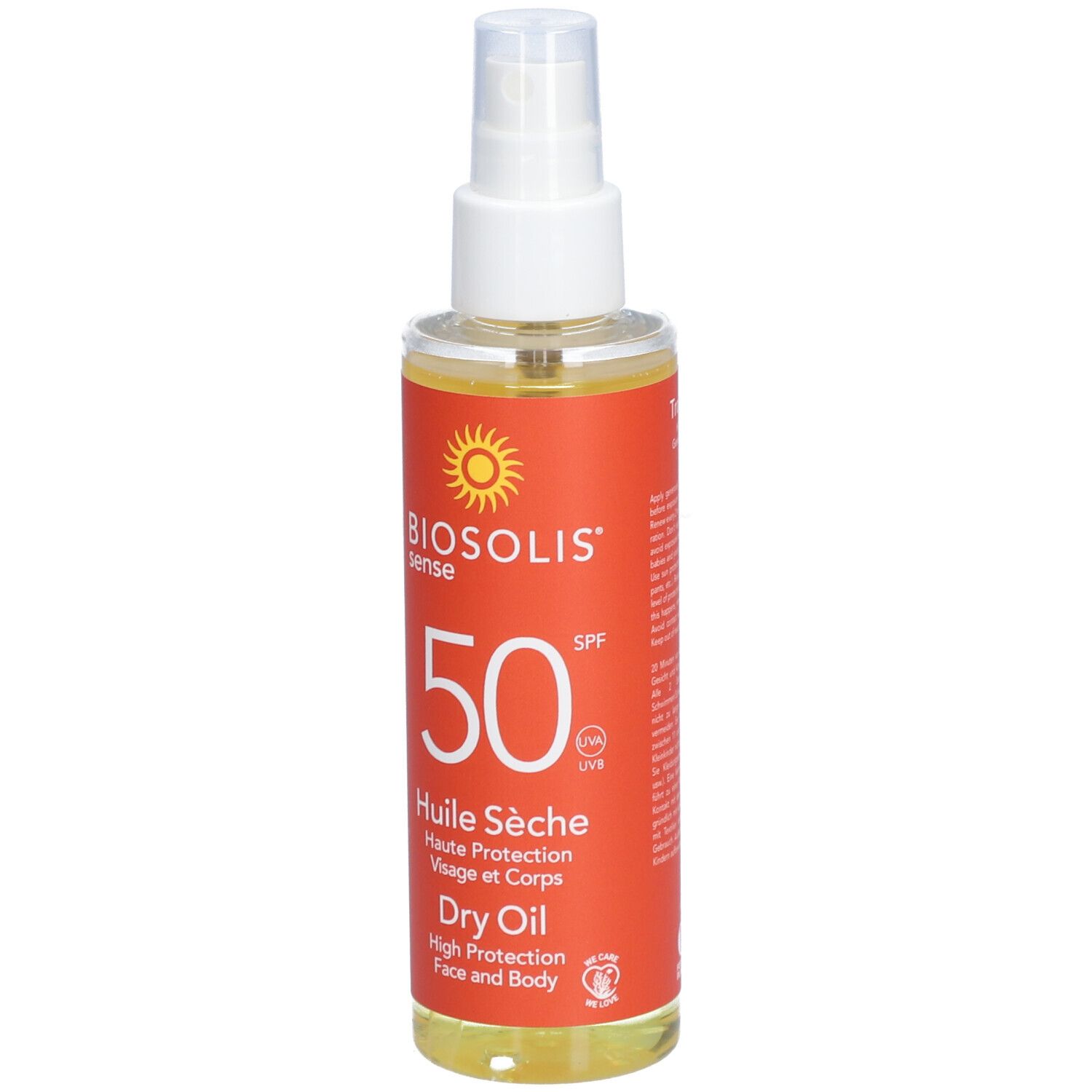 Flacon de spray solaire avec tête blanche. Inscription: Biosolis Sense, 50 SPF, Huile Sèche, Dry Oil.