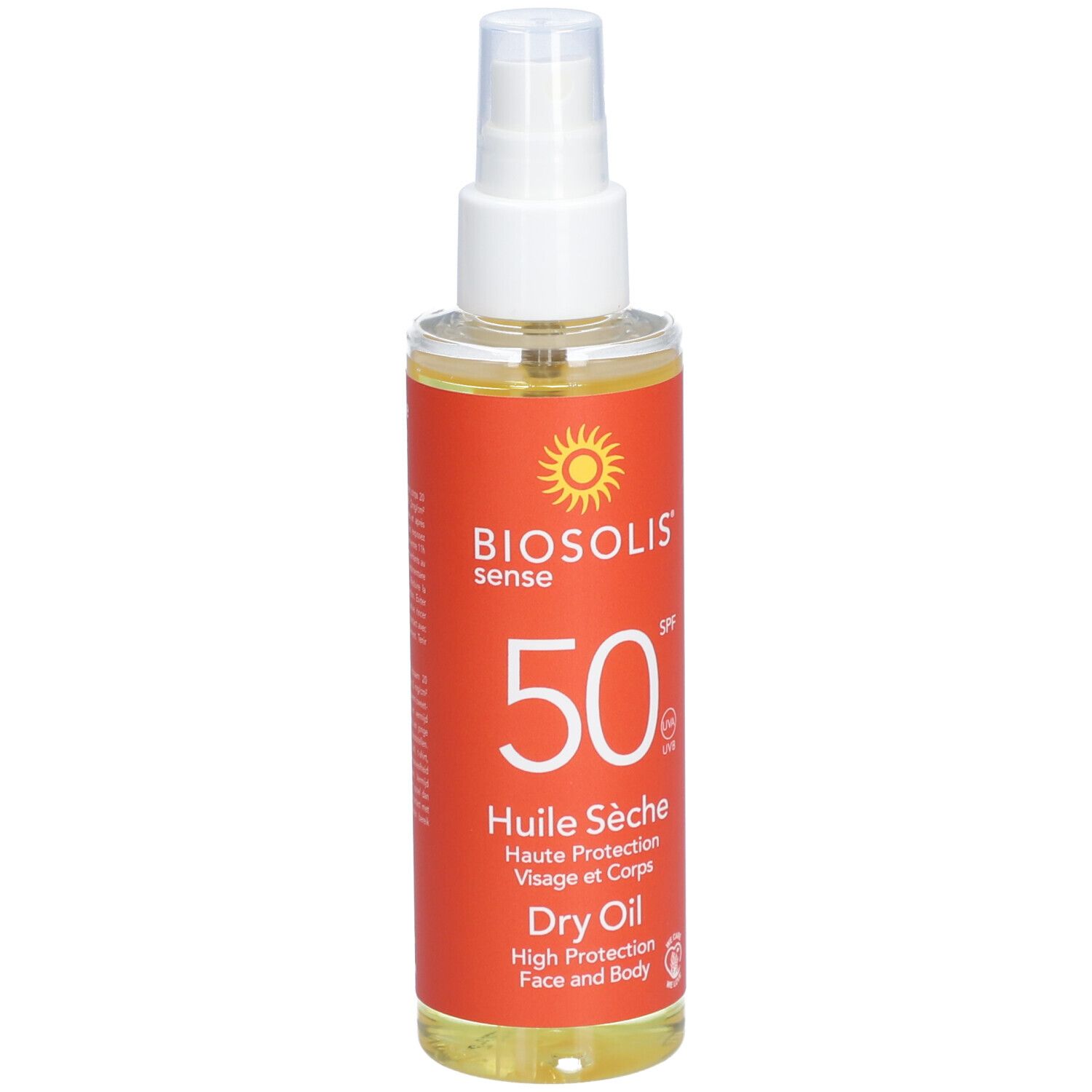 Flacon de spray solaire avec tête blanche. Inscription: Biosolis Sense, 50 SPF, Huile Sèche, Dry Oil.