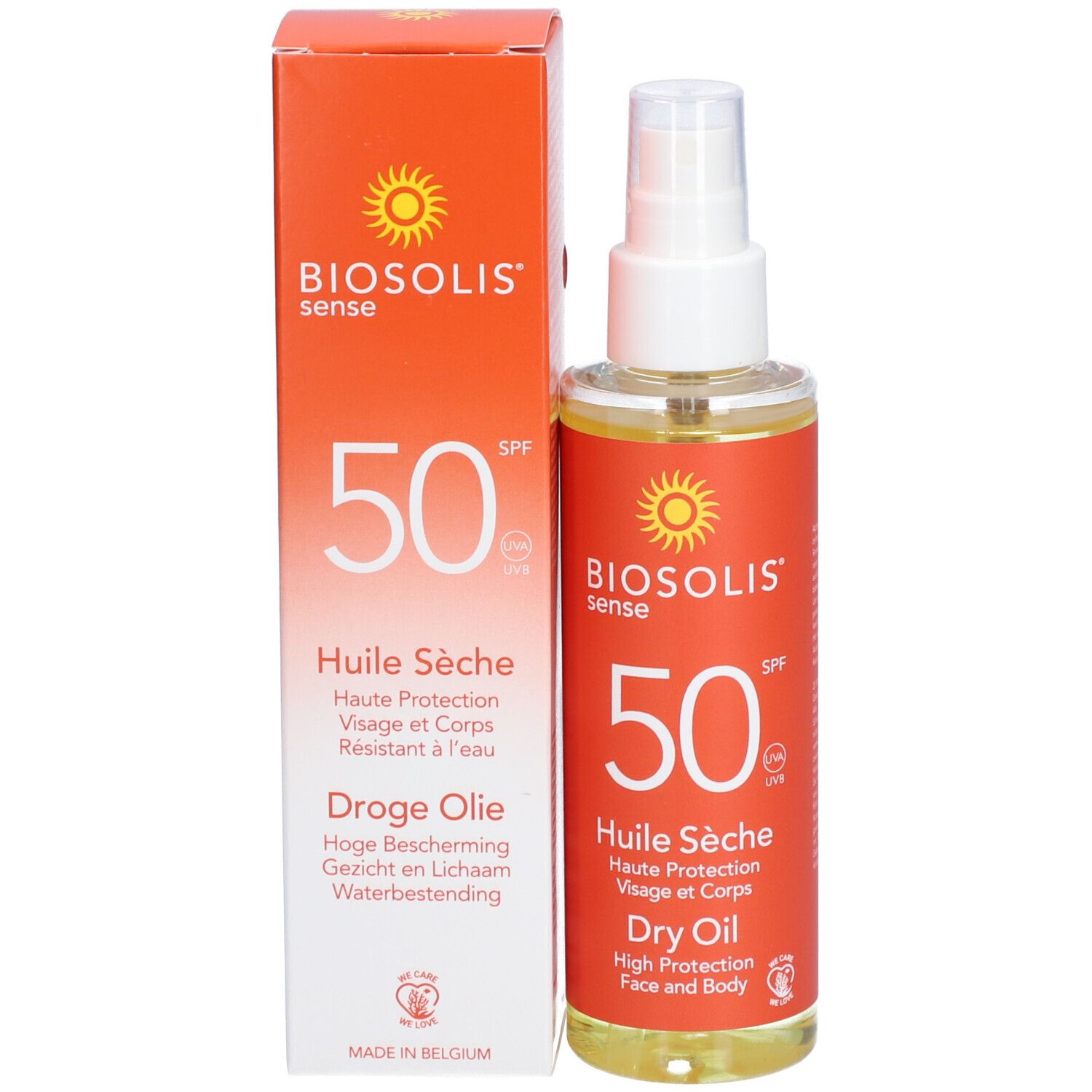 Flacon de spray solaire et emballage. Inscription: Biosolis Sense, 50 SPF, Huile Sèche, Dry Oil.