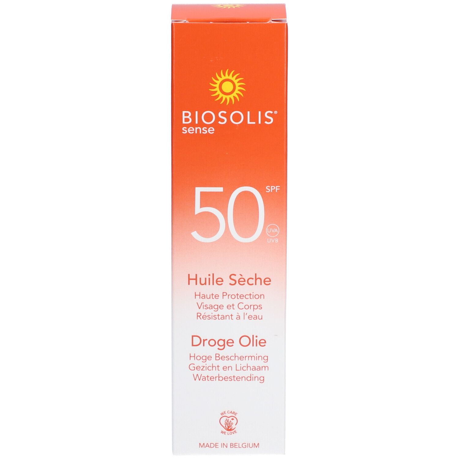 Emballage du spray solaire. Inscription: Biosolis Sense, 50 SPF, Huile Sèche, Dry Oil.