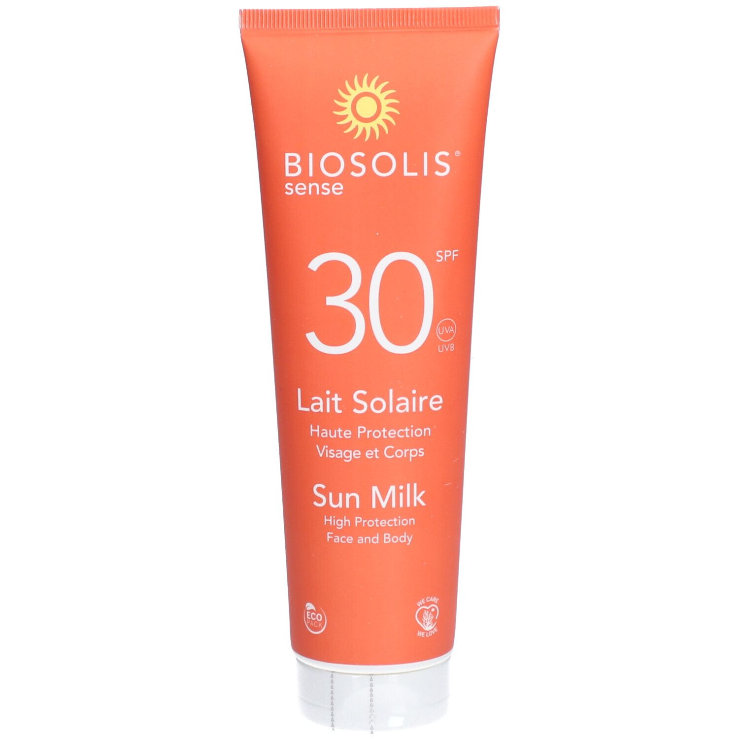 Oranje tube zonnebrandmelk. Opschrift: Biosolis sense, SPF 30, Lait Solaire, Haute Protection Visage et Corps, Sun Milk.