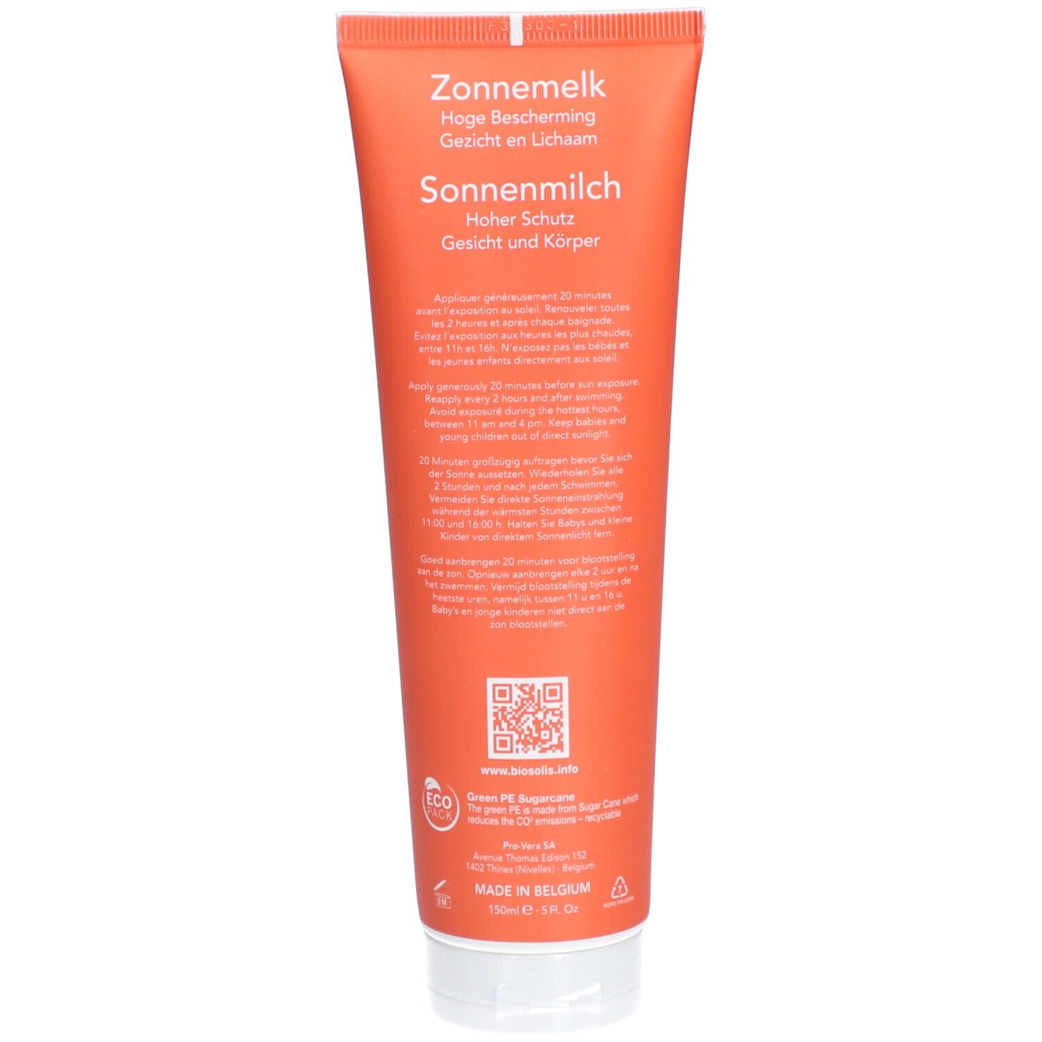 Achterkant van een tube zonnebrandmelk. Tekst in het Duits en Nederlands. QR-code en logo. Gemaakt in België.