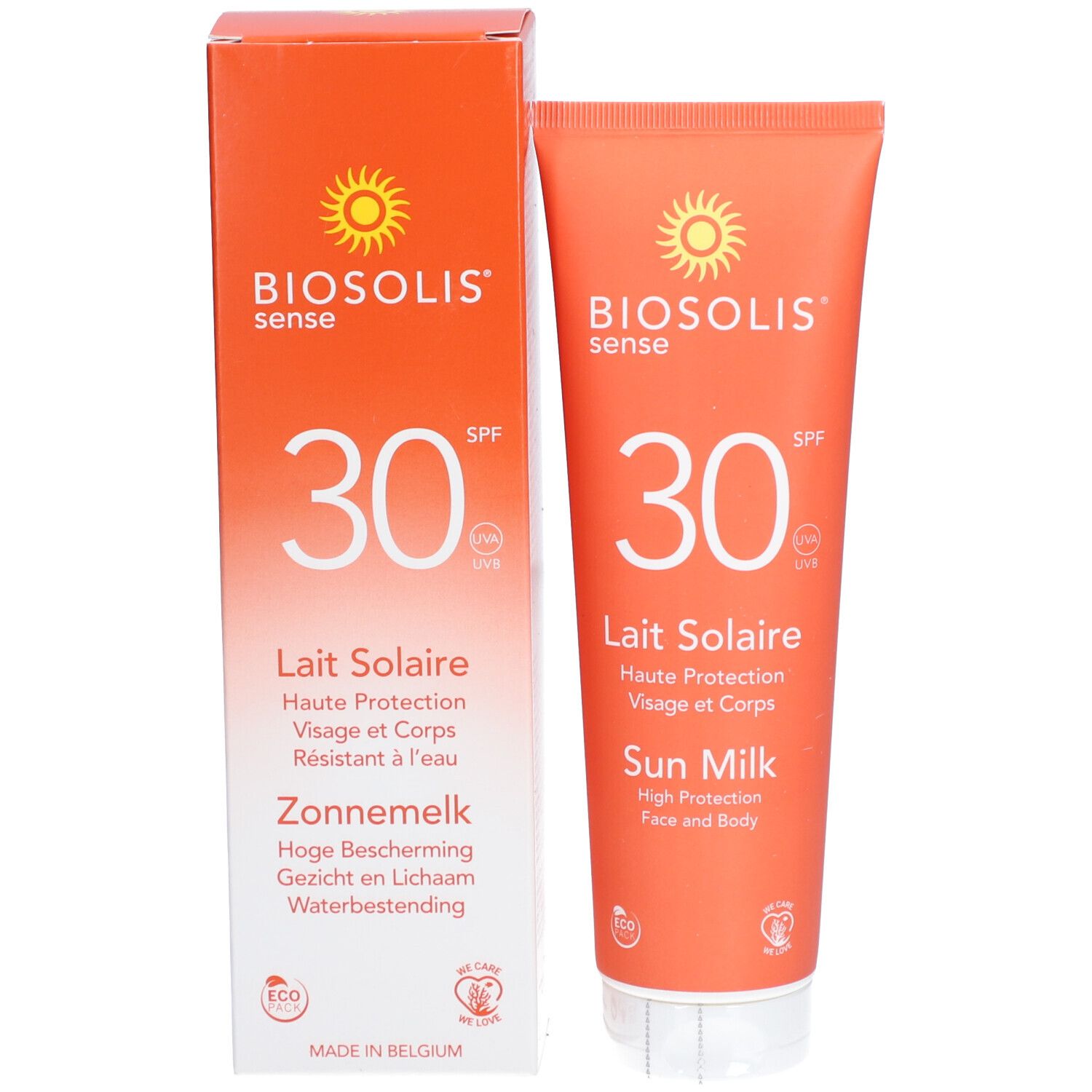Tube en verpakking zonnebrandmelk. Opschrift: Biosolis sense, SPF 30, Lait Solaire, Haute Protection Visage et Corps, Sun Milk.
