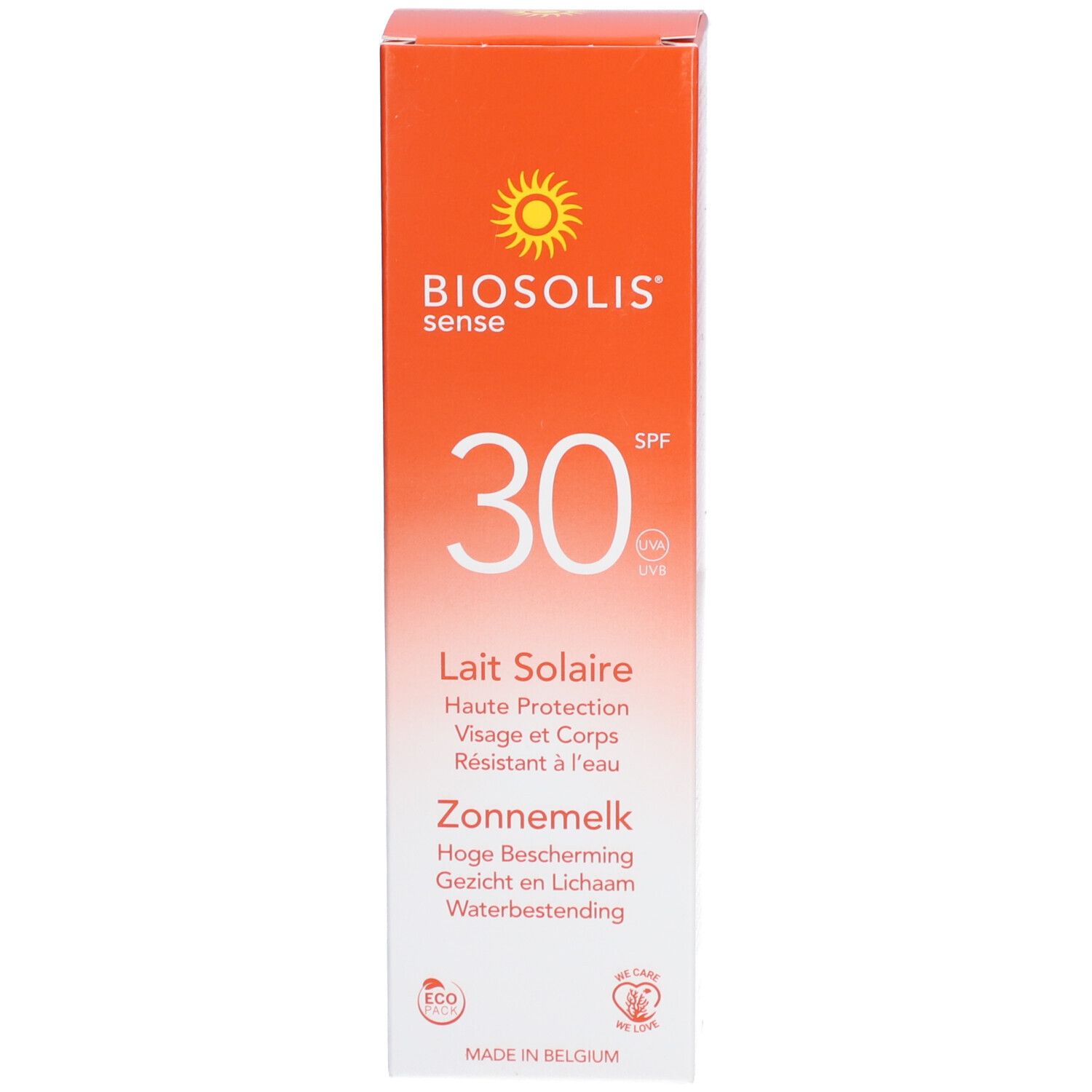 Verpakking zonnebrandmelk. Opschrift: Biosolis sense, SPF 30, Lait Solaire, Haute Protection Visage et Corps, Zonnemelk.