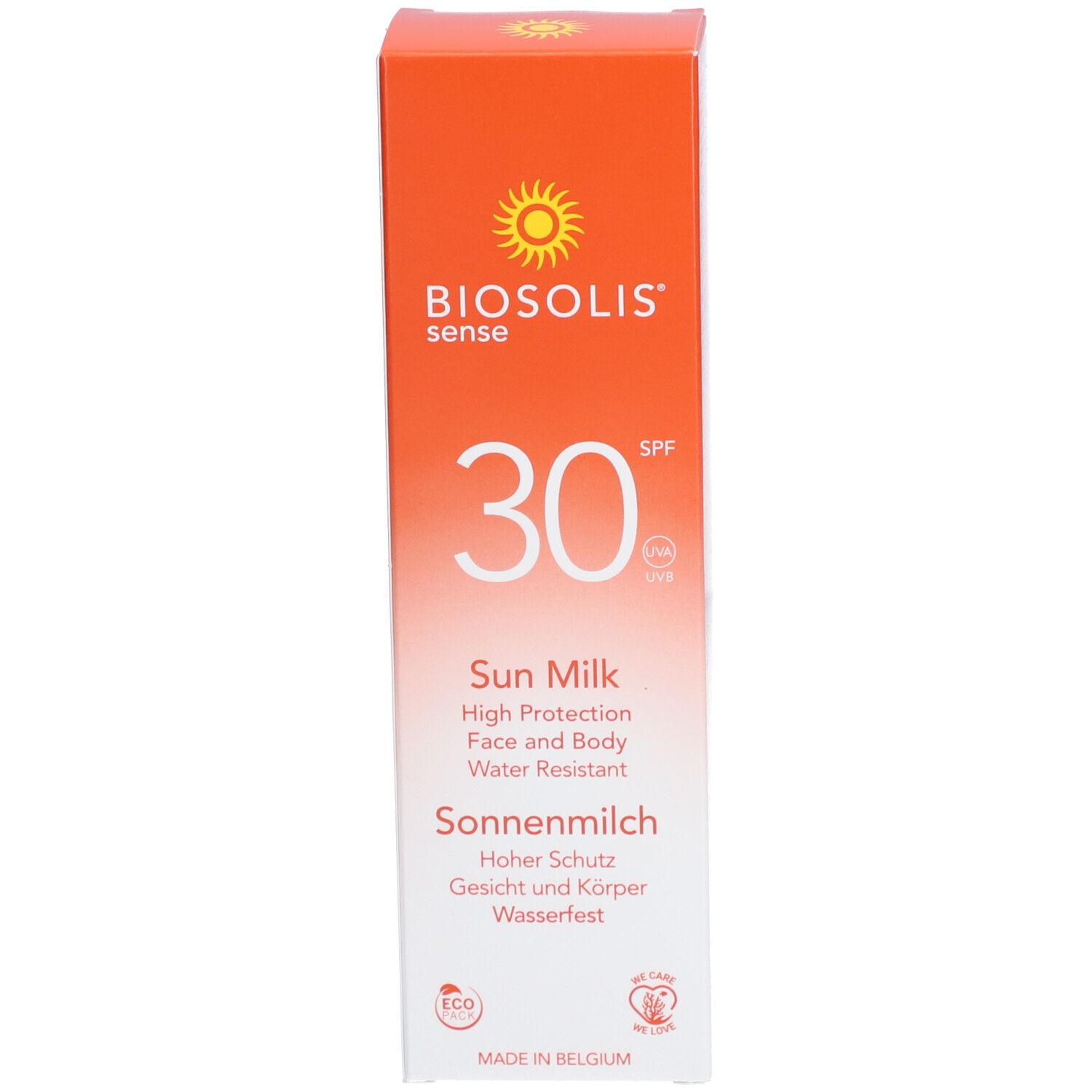 Verpakking zonnebrandmelk. Opschrift: Biosolis sense, SPF 30, Sun Milk, High Protection Face and Body, Zonnemelk.