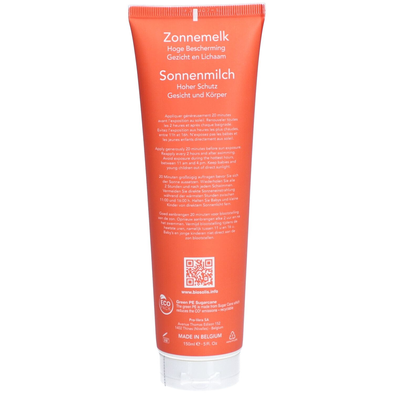 Achterkant van de zonnebrandmelk tube. Meertalige informatie. Oranje design. Gebruiksaanwijzing.