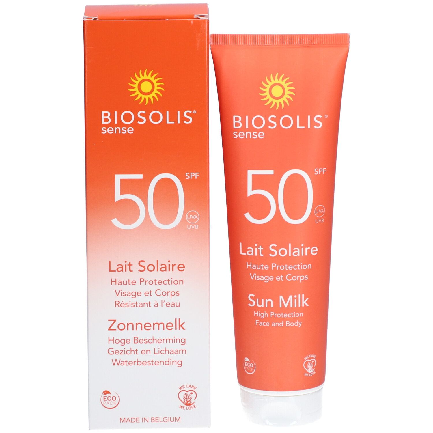 Zonnebrandmelk tube en doos. Oranje design. Merk: BIOSOLIS sense. SPF 50. Waterbestendig.