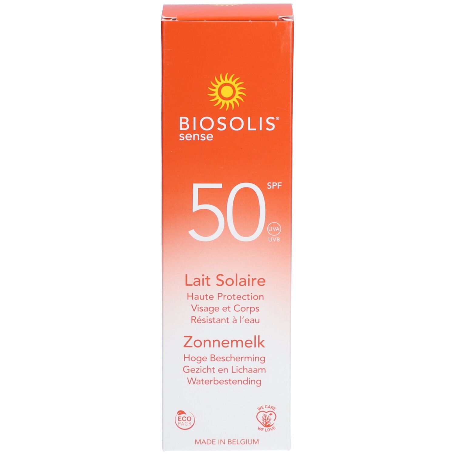 Oranje doos met zonnebrandmelk informatie. Merk: BIOSOLIS sense. SPF 50. Waterbestendig.