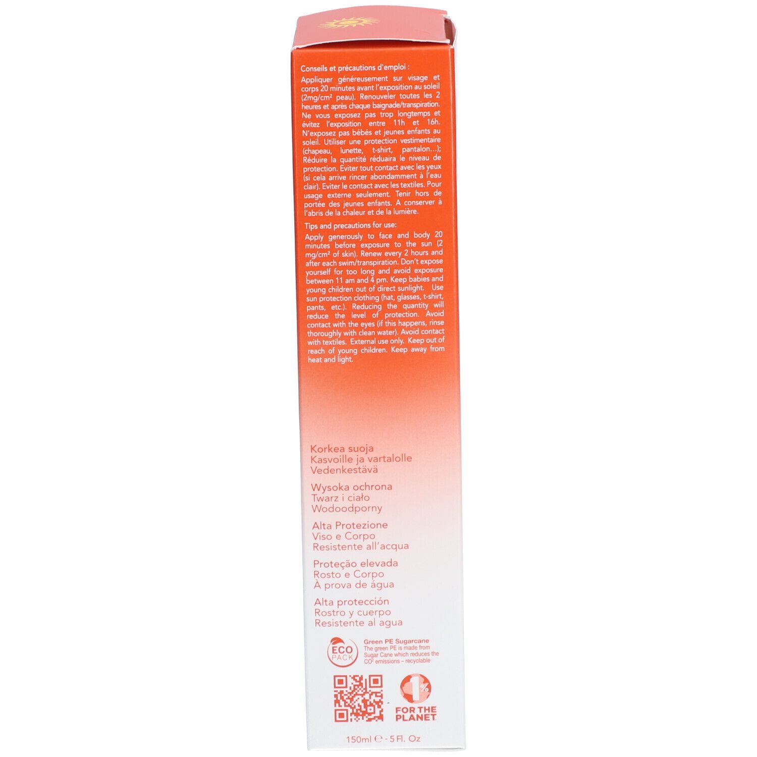 Zijkant van de zonnebrandmelk doos. Meertalige informatie. Oranje design. Instructies.