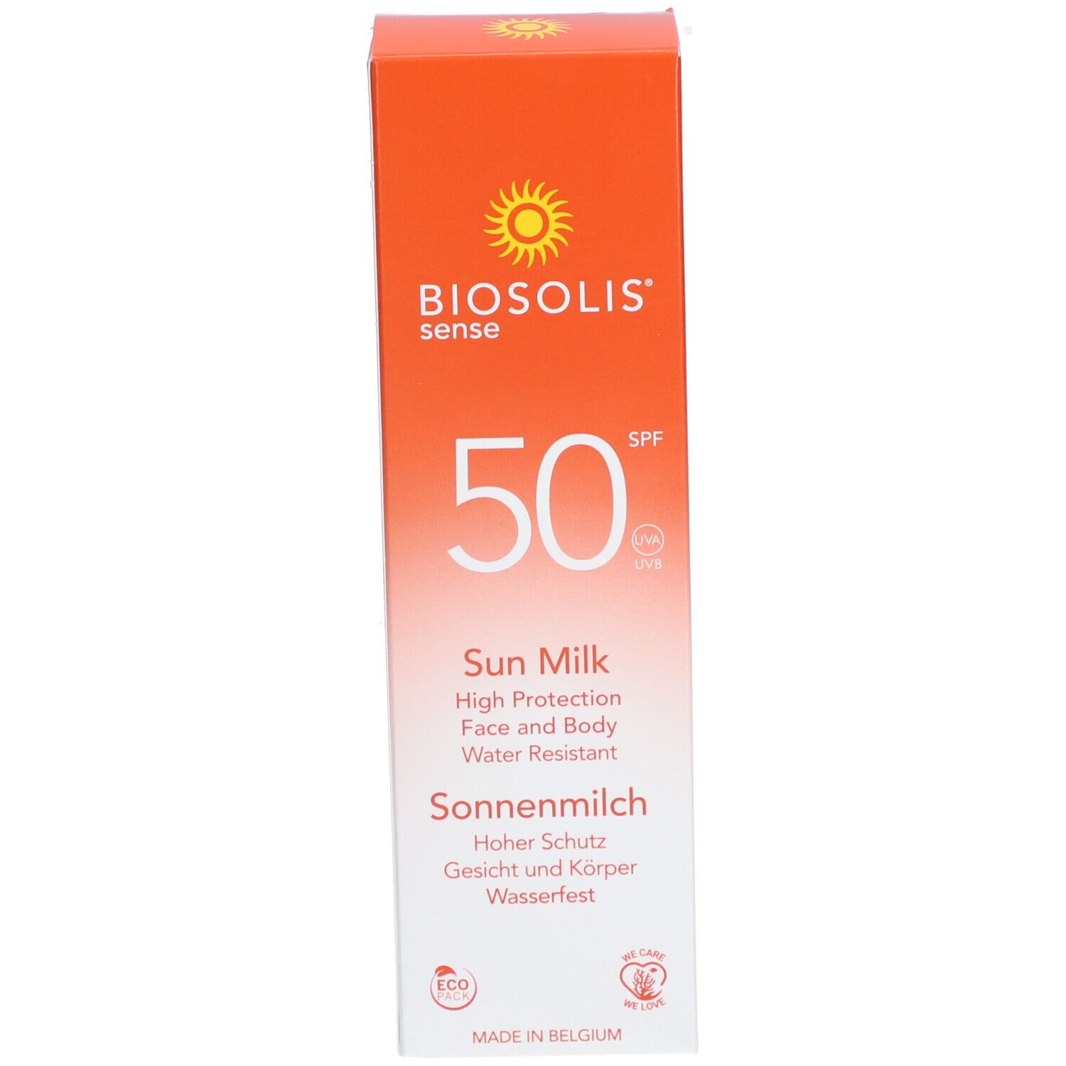 Zonnebrandmelk doos, oranje. Merk: BIOSOLIS sense. SPF 50. Waterbestendig. Engelse tekst.