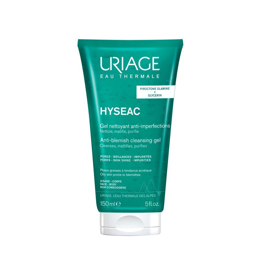 Grüne Tube mit weißem Deckel. Uriage, Hyseac Gel, Anti-Unreinheiten, 150ml. Text: Piroctone Olamine, Glycerin.