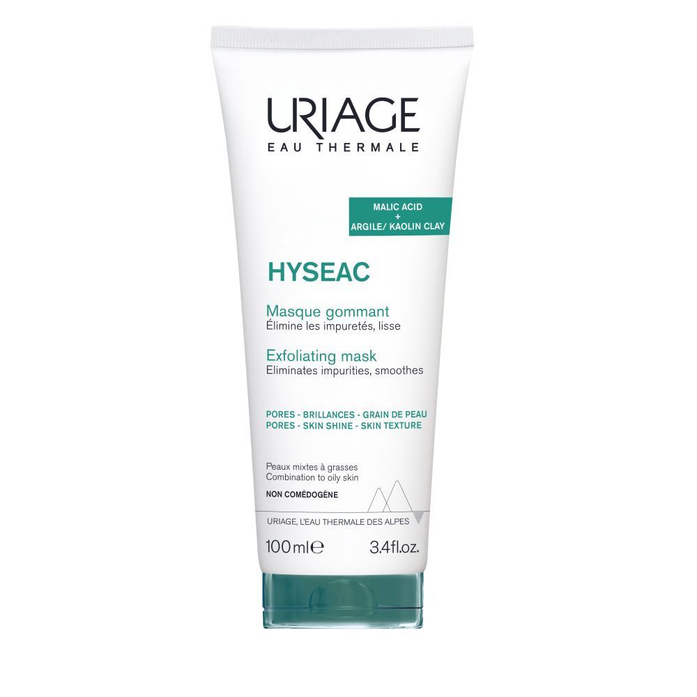 Tube blanc et vert. Logo Uriage, Hyséac Masque Gommant, texte. 100 ml.