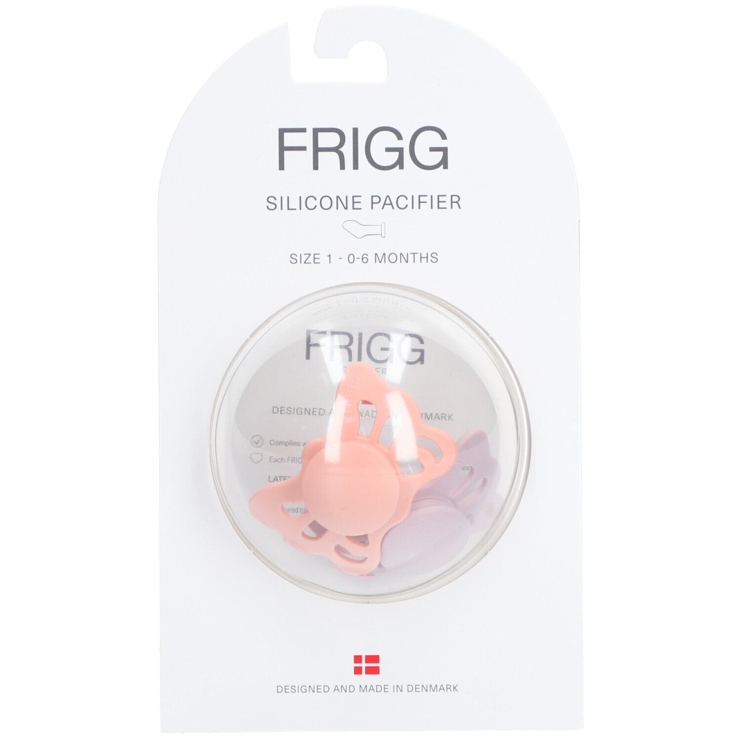 FRIGG sucette en silicone, forme papillon, couleurs lilas et pêche, dans son emballage.
