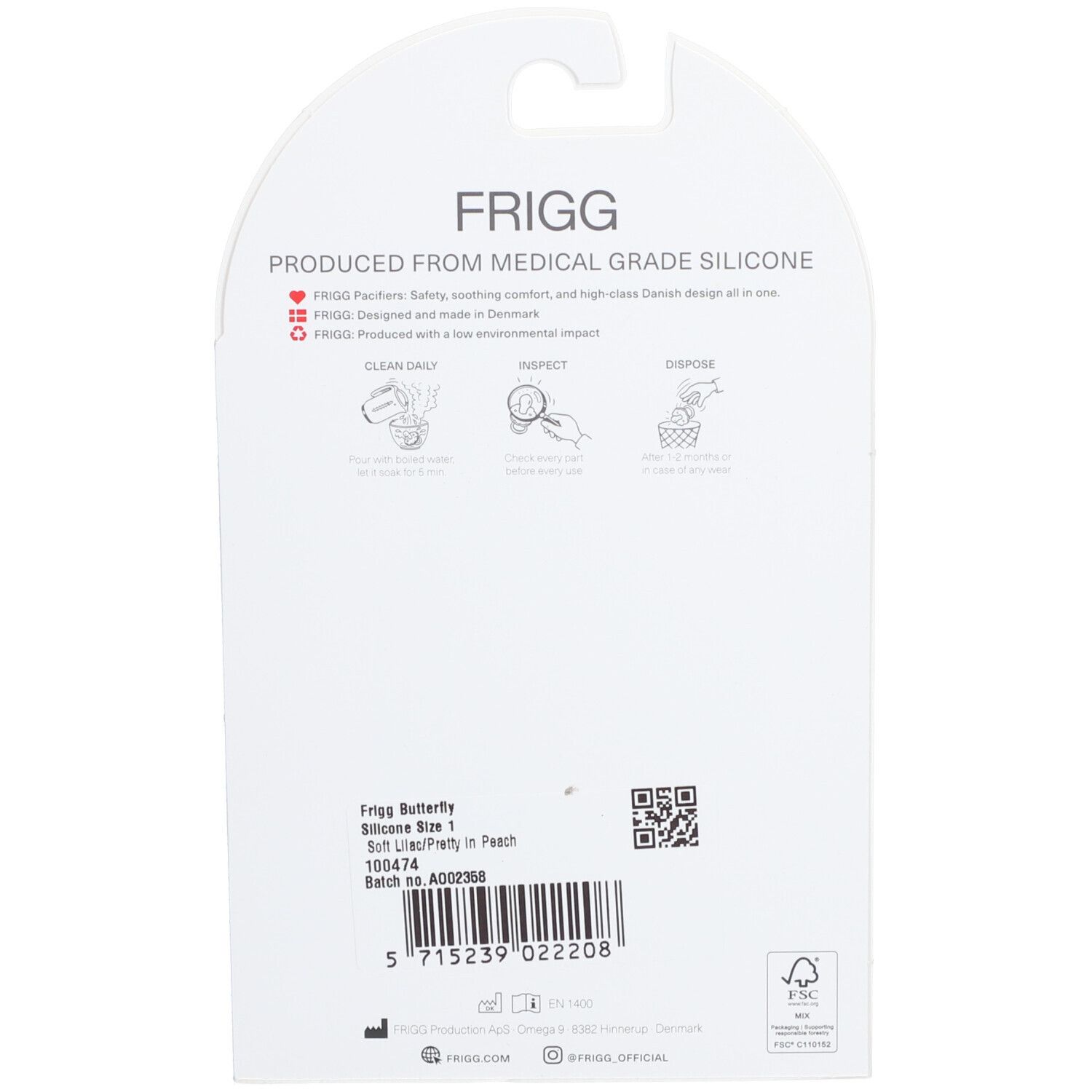 Dos de l'emballage de la sucette FRIGG en silicone. Texte: 'PRODUCED FROM MEDICAL GRADE SILICONE'.
