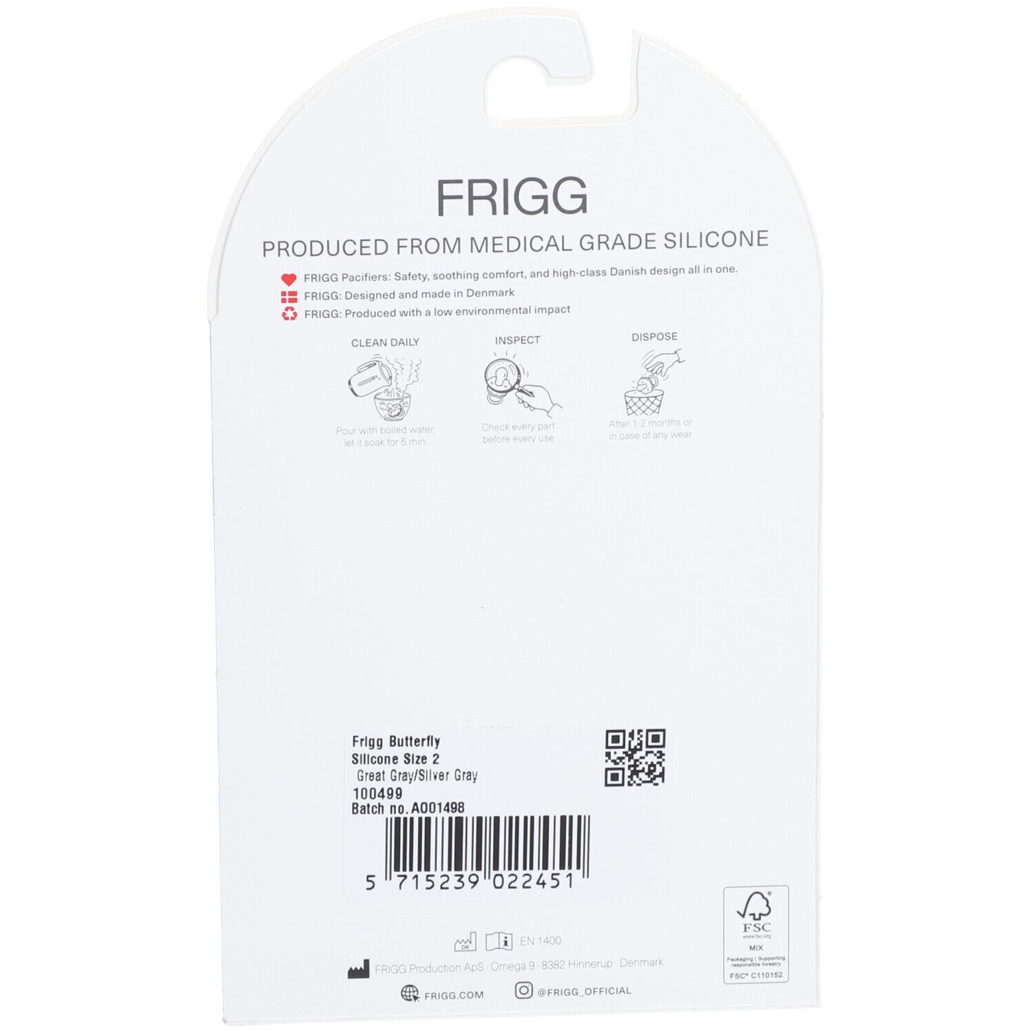 Dos de l'emballage des sucettes FRIGG en silicone. Informations sur le matériau, la taille, la couleur et les instructions d'entretien.
