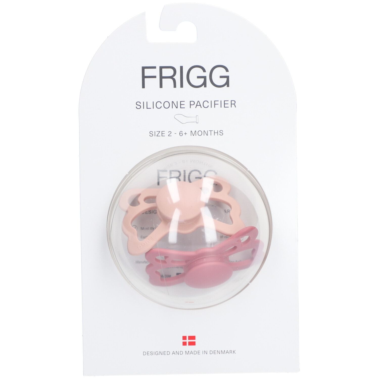 Zwei Schnuller in Verpackung. Rosa Silikon, Schmetterlingsform. Marke FRIGG, Größe 6-18 Monate.