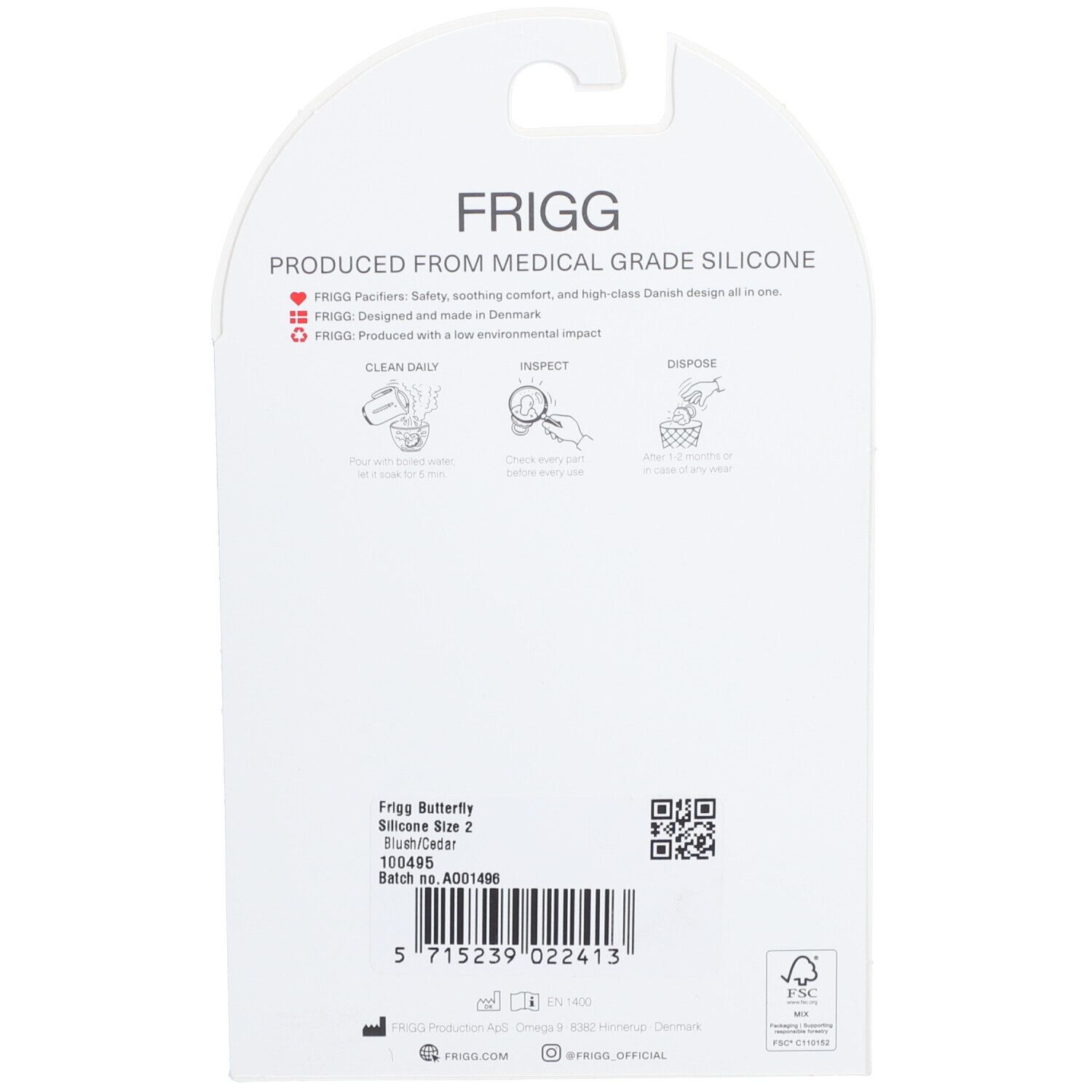 Rückseite der Verpackung. Text: FRIGG, hergestellt aus medizinischem Silikon. Anweisungen, QR-Code, FSC-Siegel.