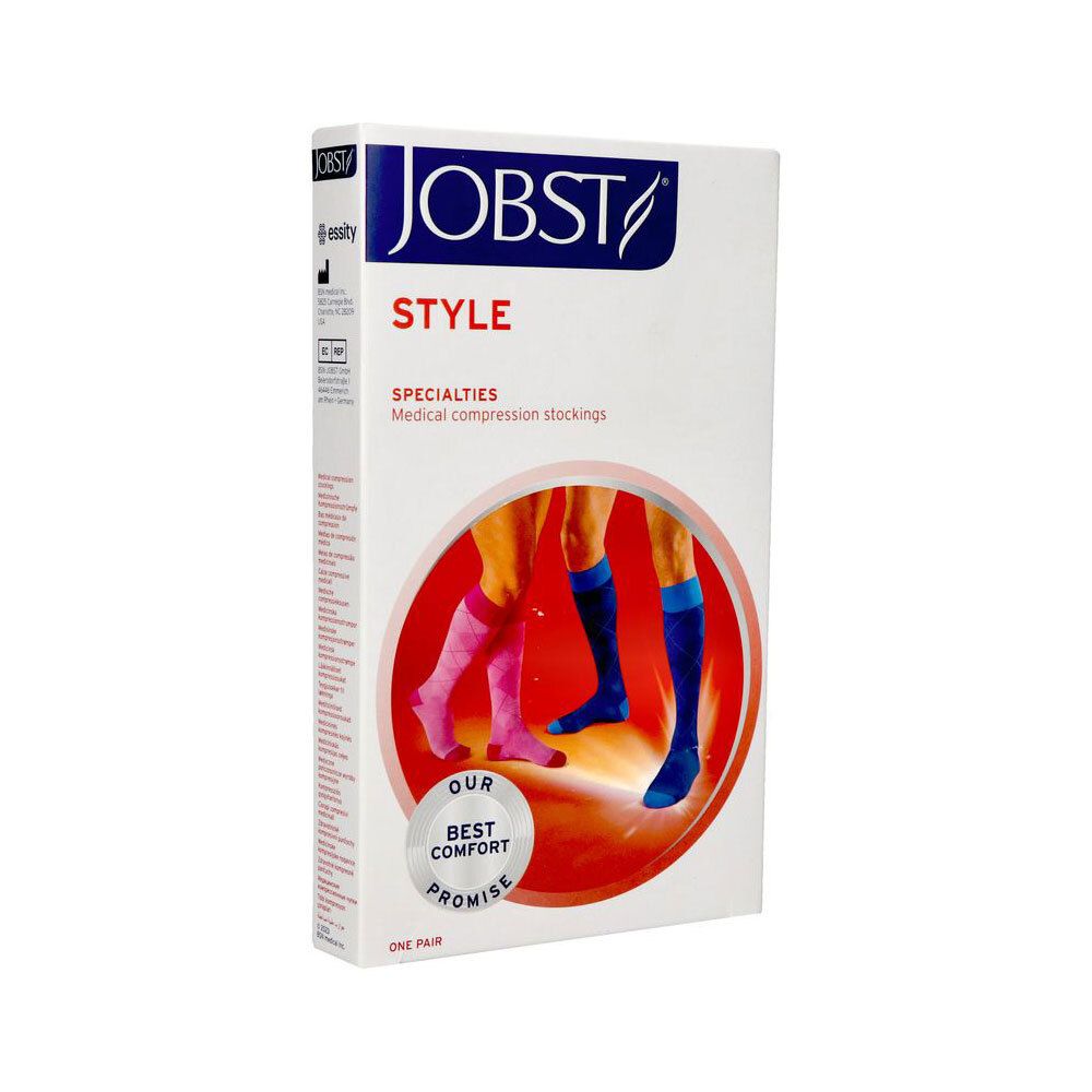 Boîte de bas de compression médicaux JOBST STYLE. Illustration de jambes avec bas roses et bleus. Promesse de confort.