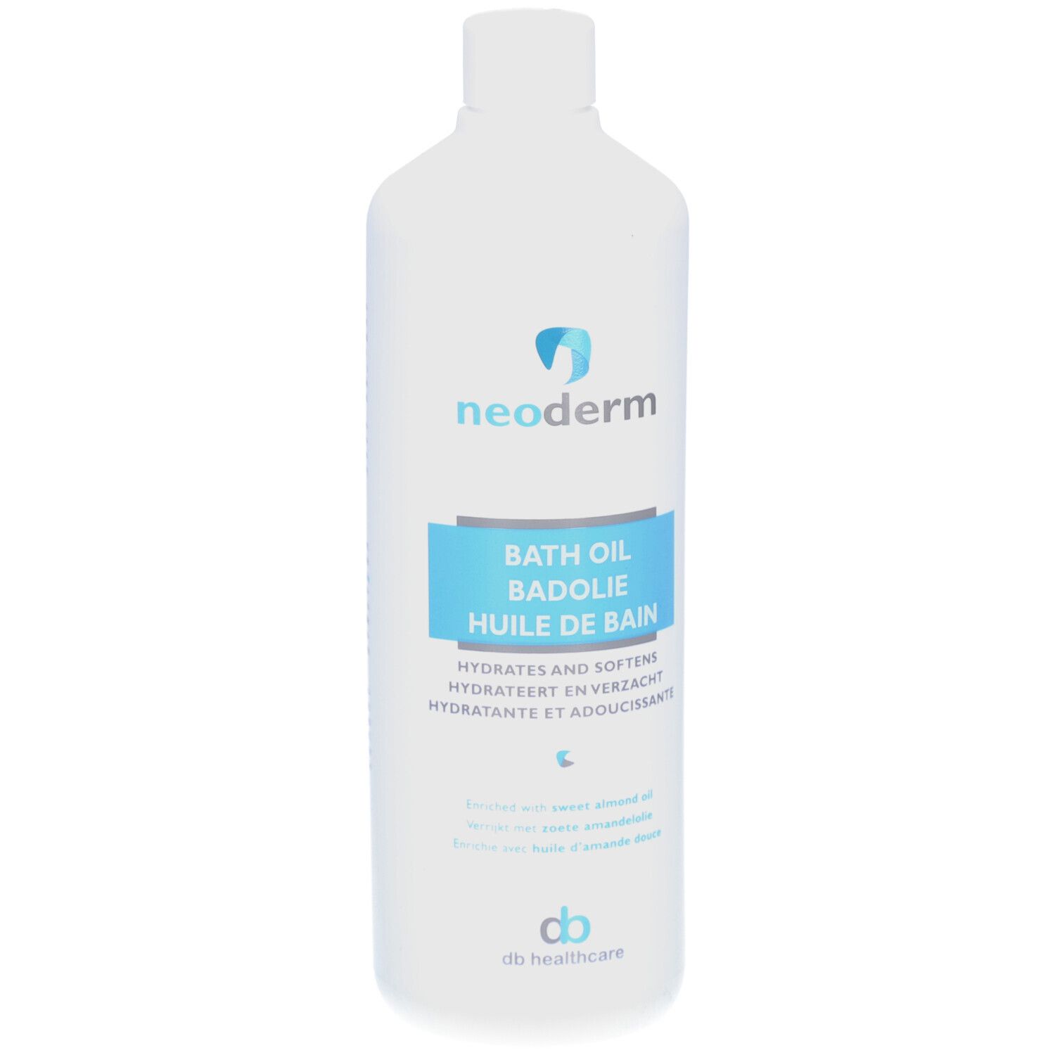 Weiße Flasche mit blauem Etikett. Aufschrift: Neoderm, Badöl, Hydratisiert und macht weich. Enthält Süßmandelöl.
