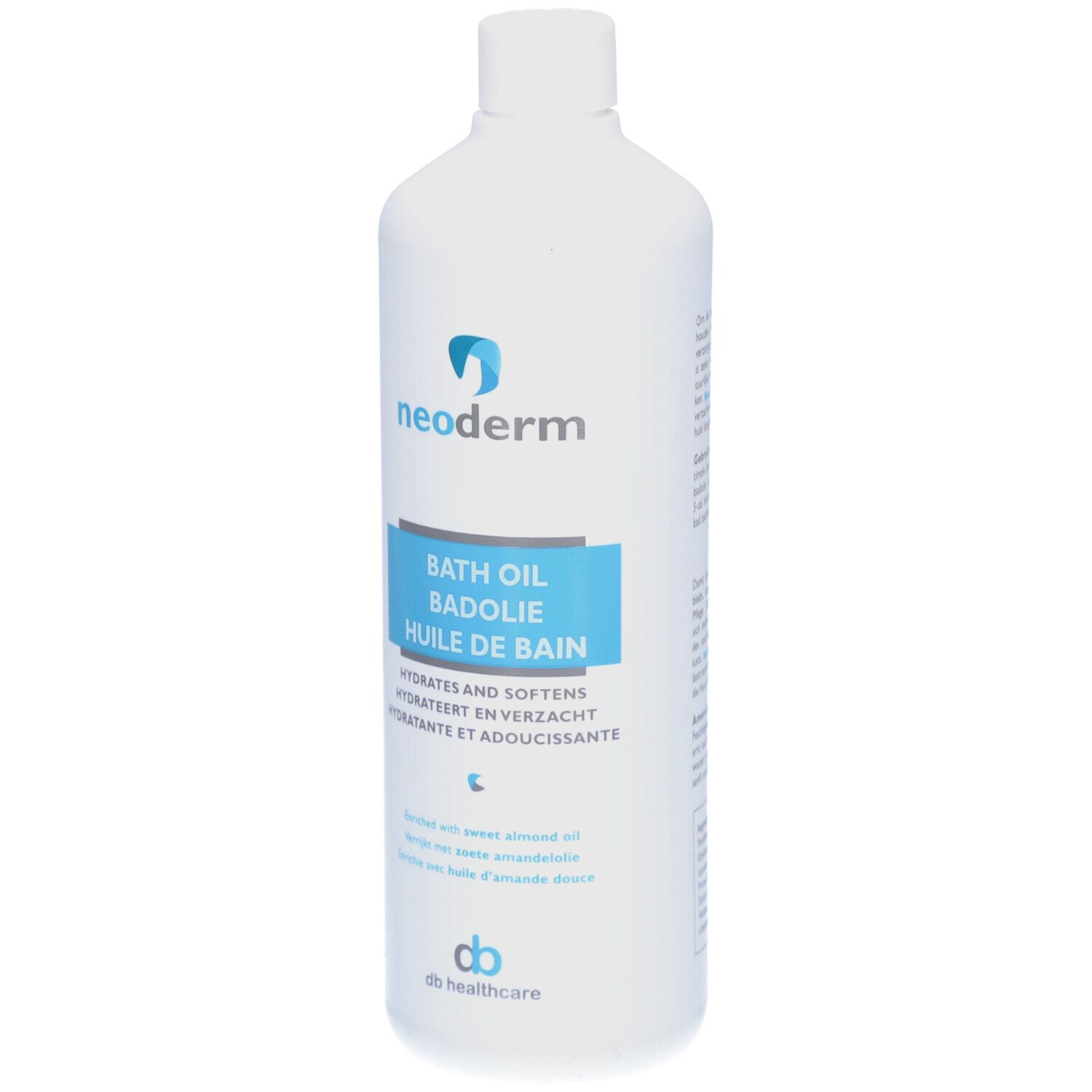 Weiße Flasche mit blauem Etikett. Aufschrift: Neoderm, Badöl, Hydratisiert und macht weich. Enthält Süßmandelöl.