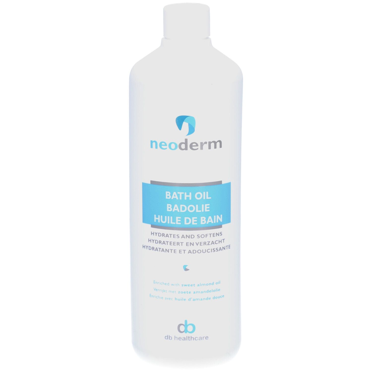 Weiße Flasche mit blauem Etikett. Aufschrift: Neoderm, Badöl, Hydratisiert und macht weich. Enthält Süßmandelöl.