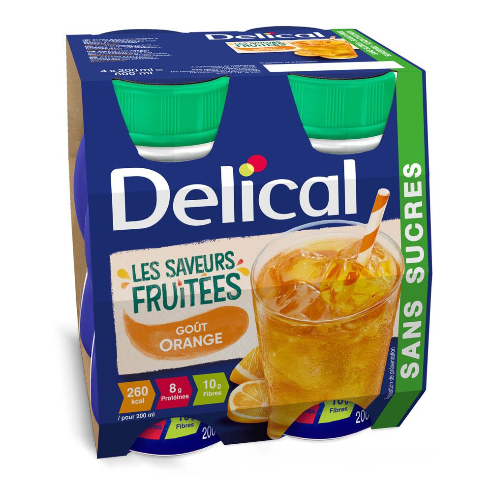 Emballage de Delical Die Fruchtigen Aromen Ohne Zucker - Orange. Emballage bleu avec couvercles verts. Inscription: Delical, Les Saveurs Fruitees, Orange.