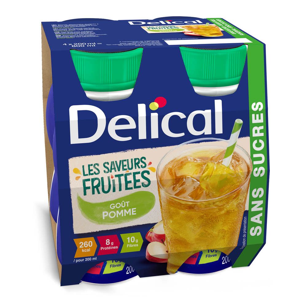 Emballage de quatre bouteilles Delical. Bouteilles bleues, bouchons verts. Inscription: Les Saveurs Fruitees, Gout Pomme, Sans Sucres. 200ml.
