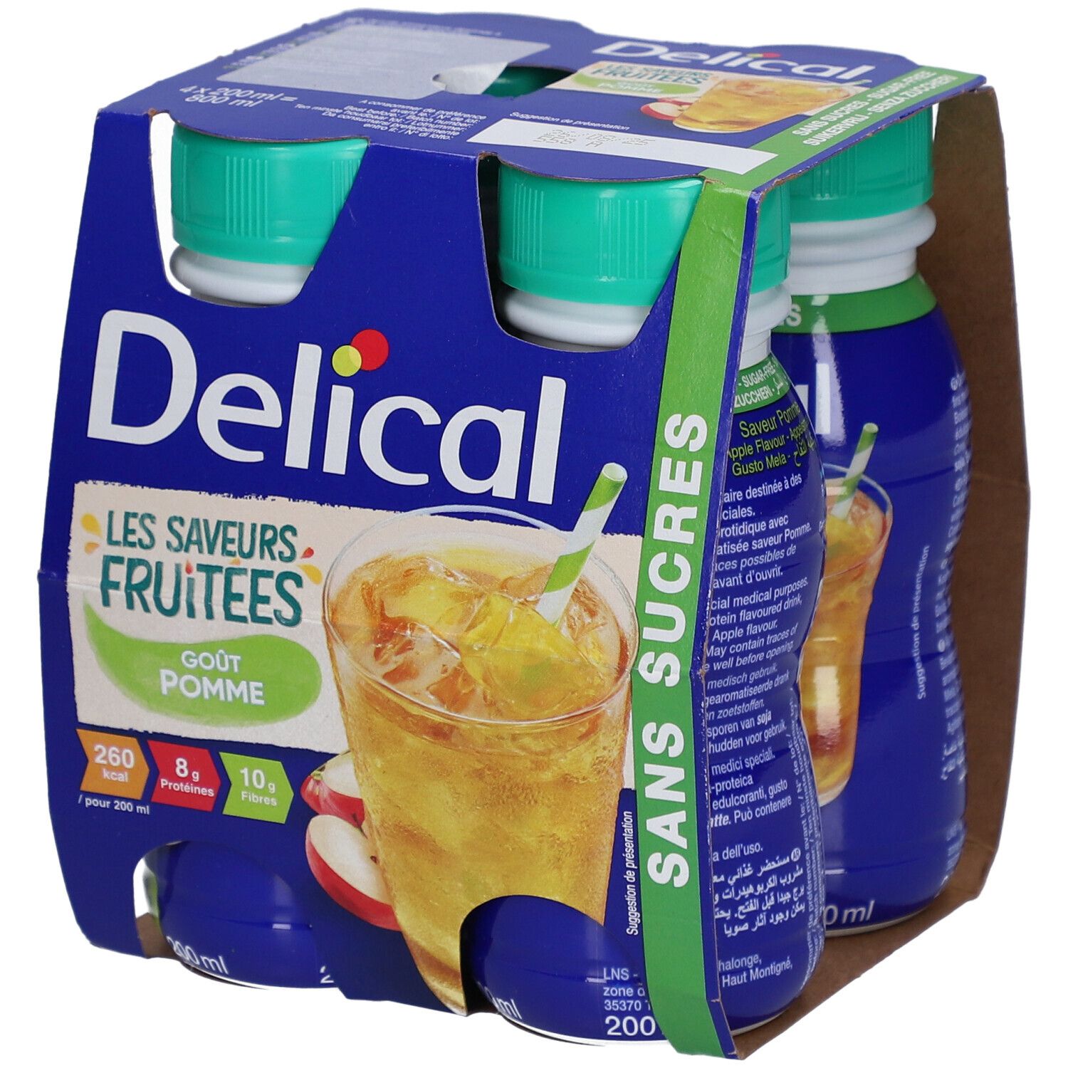 Packung mit vier Flaschen Delical, blaue Flaschen mit grünen Deckeln. Aufdruck: Les Saveurs Fruitees, Gout Pomme, Sans Sucres.