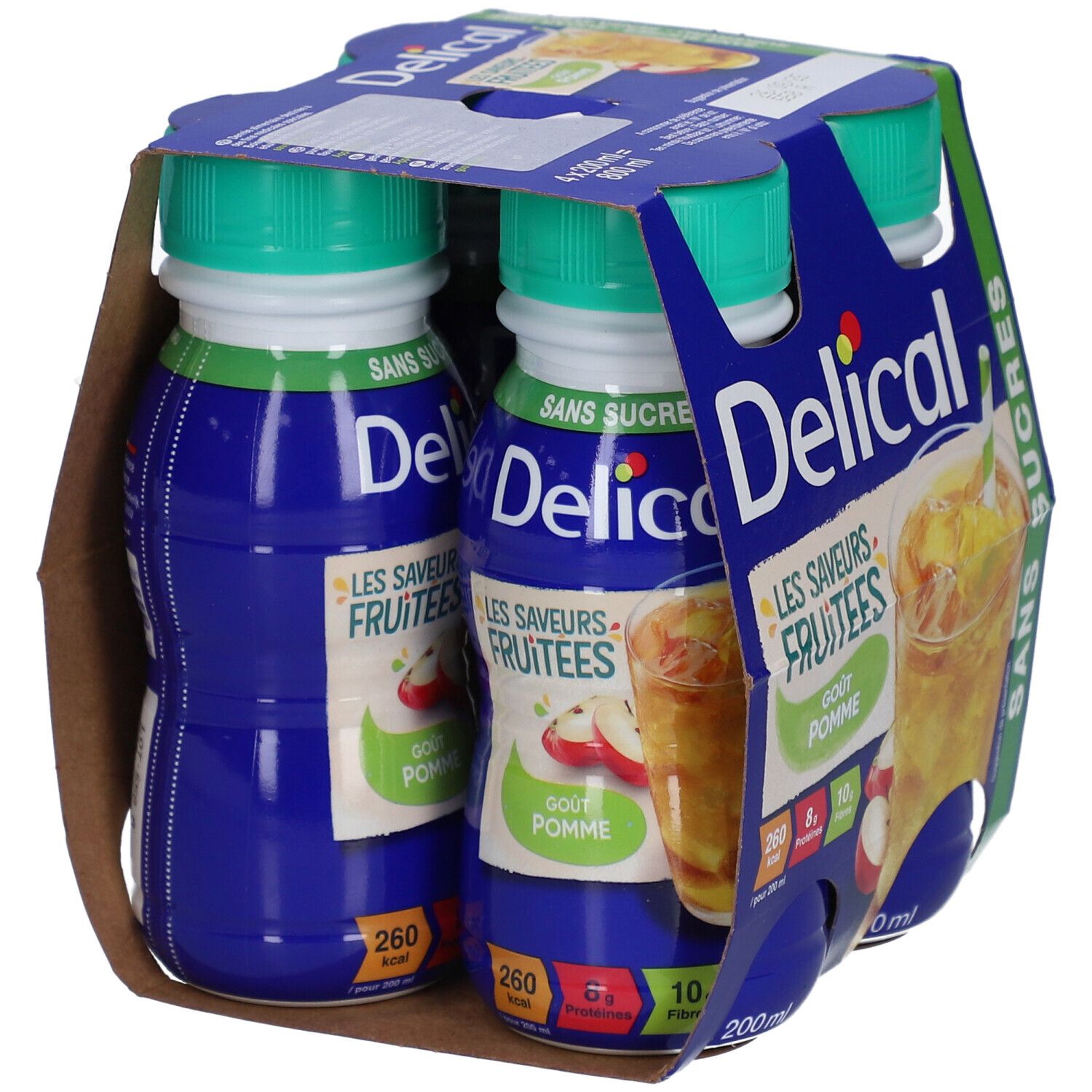 Packung mit zwei Flaschen Delical. Blaue Flaschen, grüne Deckel. Aufdruck: Les Saveurs Fruitees, Gout Pomme, Sans Sucres.