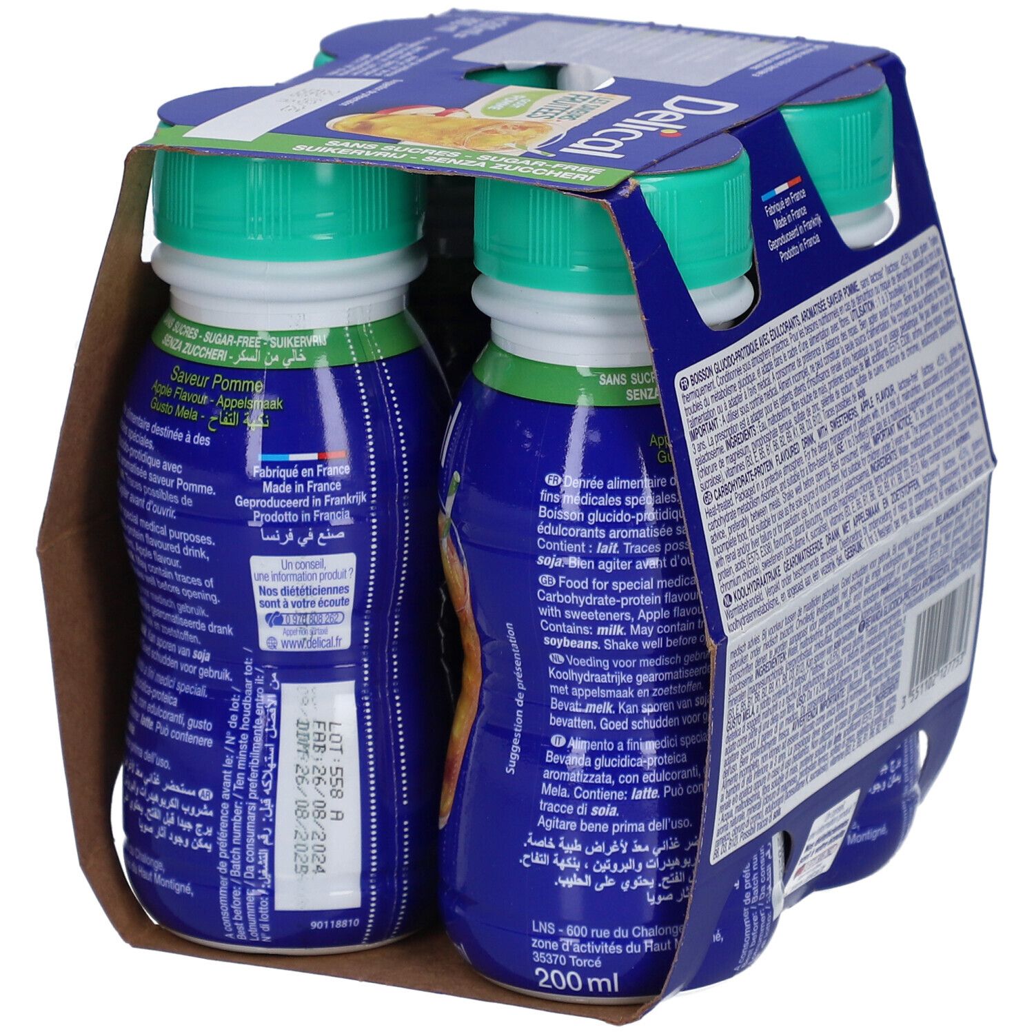 Rückseite der Packung mit zwei Flaschen Delical. Text in mehreren Sprachen. Enthält Informationen über Inhaltsstoffe und Nährwerte.