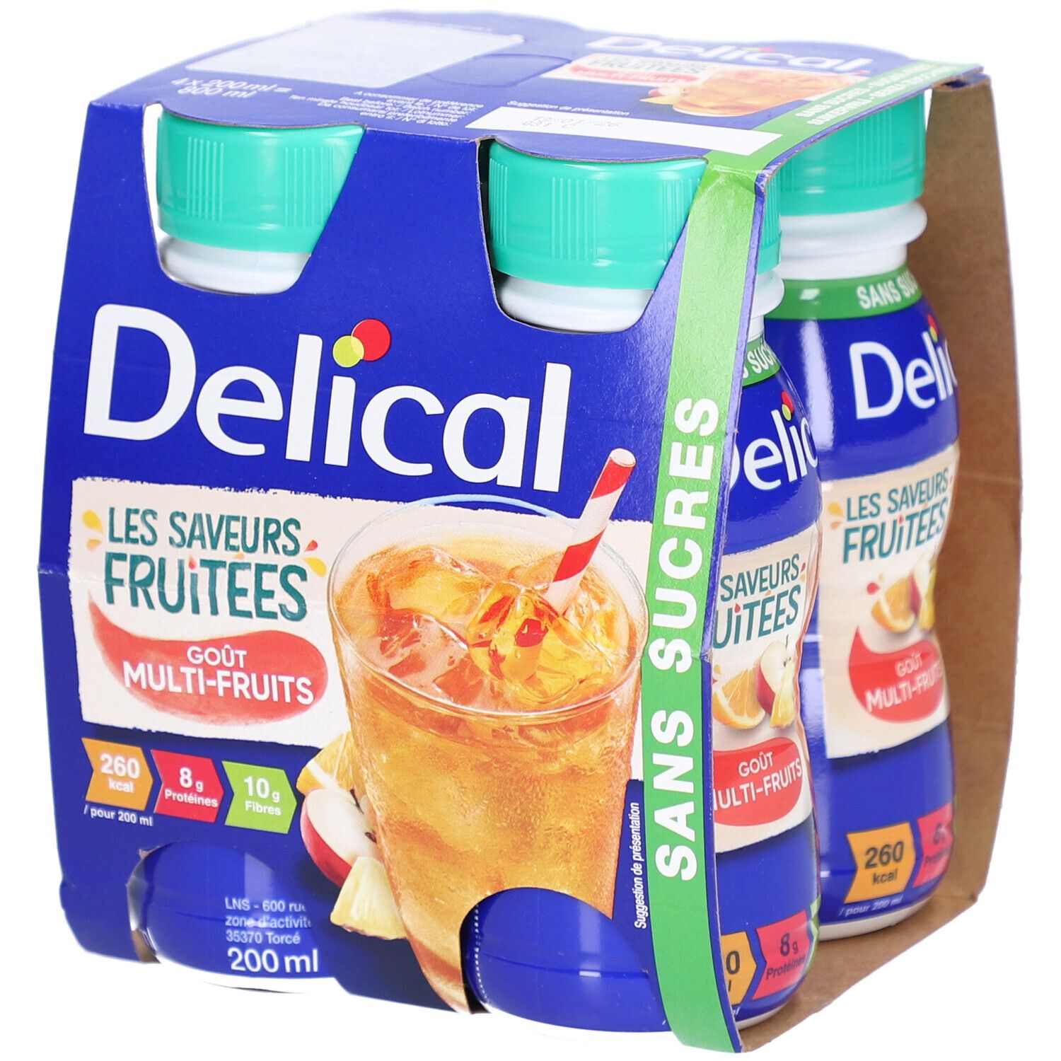 Packung mit 4 Flaschen Delical. Blaue Verpackung mit Produktabbildung. Aufschrift: Les Saveurs Fruitees, Goût Multi-Fruits, Sans Sucres.