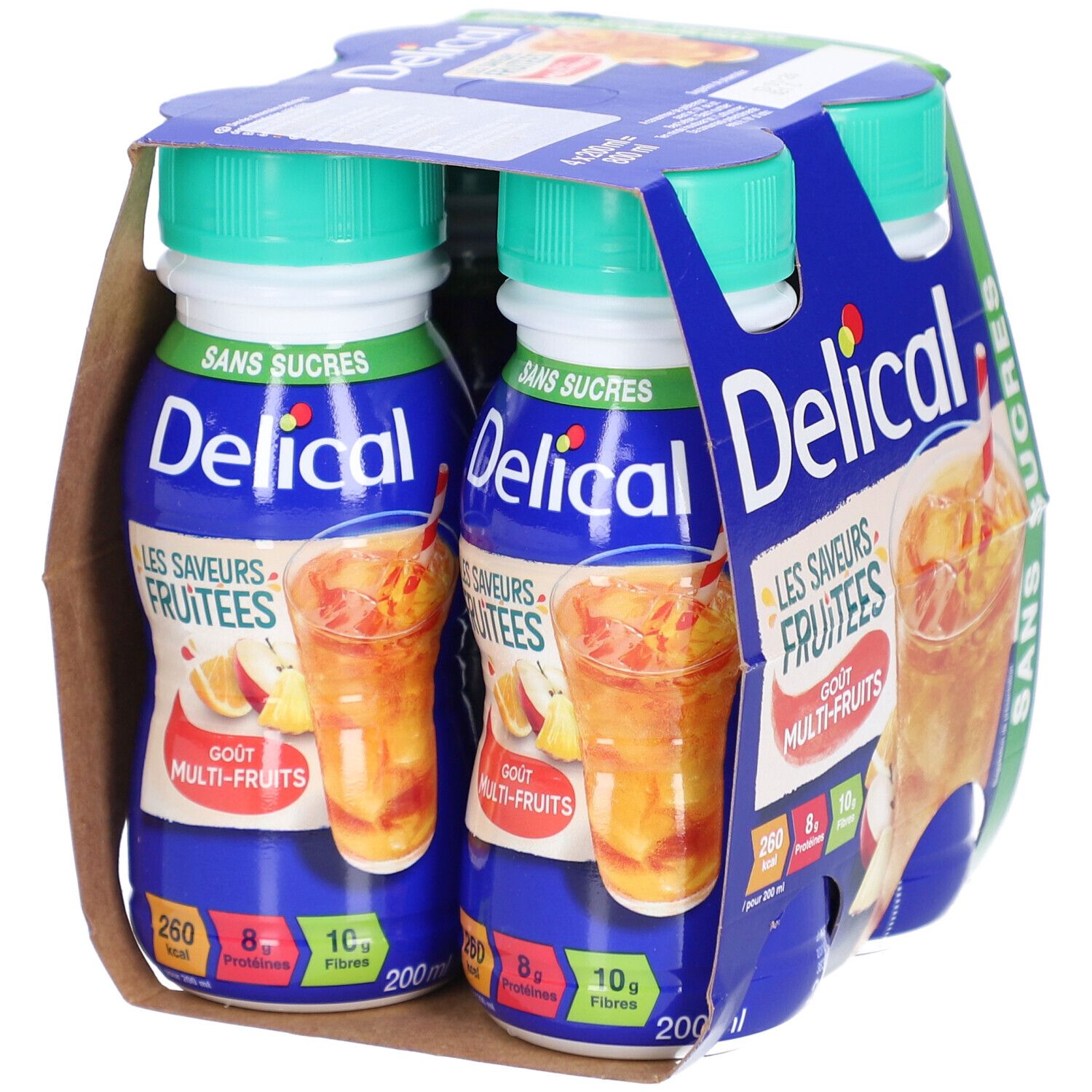 Packung mit 4 Flaschen Delical. Blaue Verpackung mit Produktabbildung. Aufschrift: Les Saveurs Fruitees, Goût Multi-Fruits, Sans Sucres.