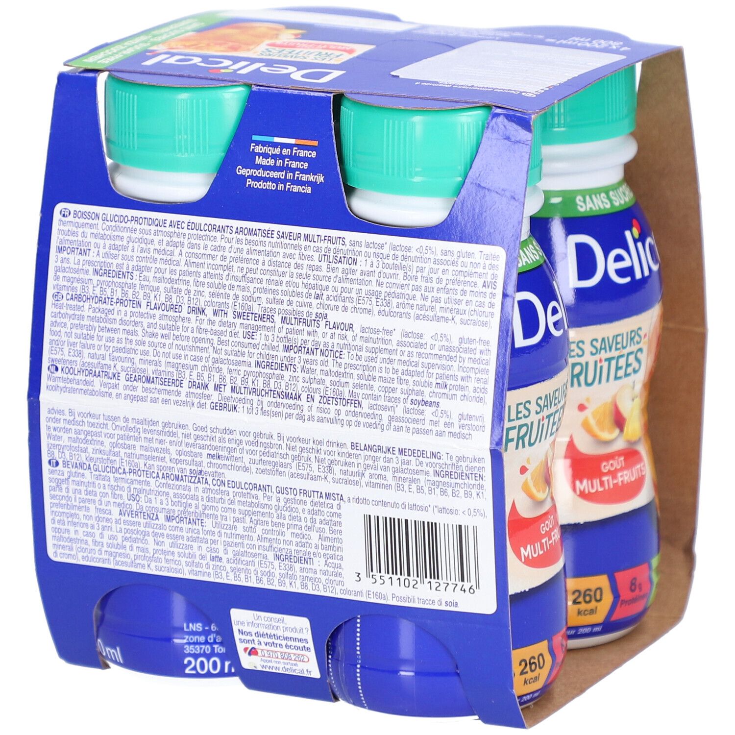 Packung mit 4 Flaschen Delical. Blaue Verpackung mit Produktabbildung. Aufschrift: Les Saveurs Fruitees, Goût Multi-Fruits, Sans Sucres.